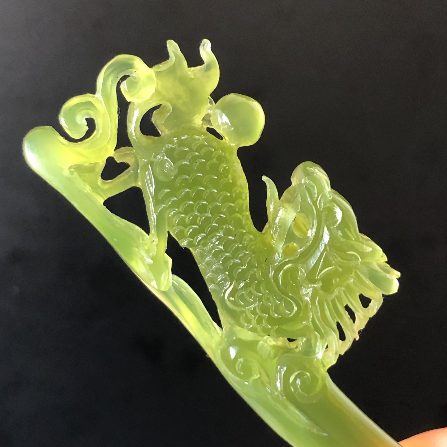 Xiu Jade Serpentine Hand Carved Qilin Kirin Hair Pin: Certified Natural Ice Green Jade Hair Stick, Asian Vintage Hair Fork Gift for her japanese hairpin korean hair stick hanfu hair fork vintage hair comb antique hair pins dragon carving hand engraved kirin Qilin carving green jade carving hand carved dragon hair stick 3D stone carving antique hair stick untreated jade with certificate
