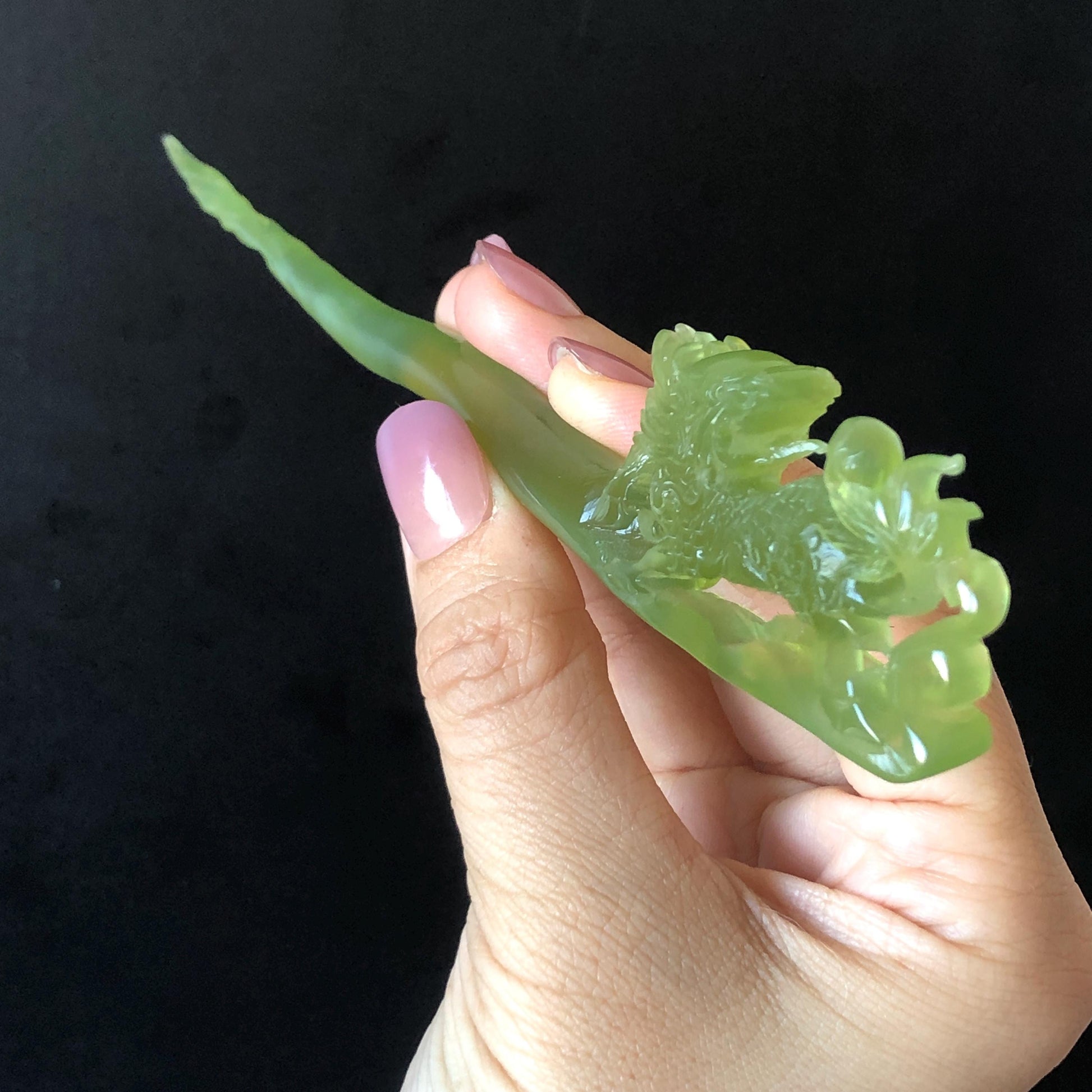 Xiu Jade Serpentine Hand Carved Qilin Kirin Hair Pin: Certified Natural Ice Green Jade Hair Stick, Asian Vintage Hair Fork Gift for her japanese hairpin korean hair stick hanfu hair fork vintage hair comb antique hair pins dragon carving hand engraved kirin Qilin carving green jade carving hand carved dragon hair stick 3D stone carving antique hair stick untreated jade with certificate