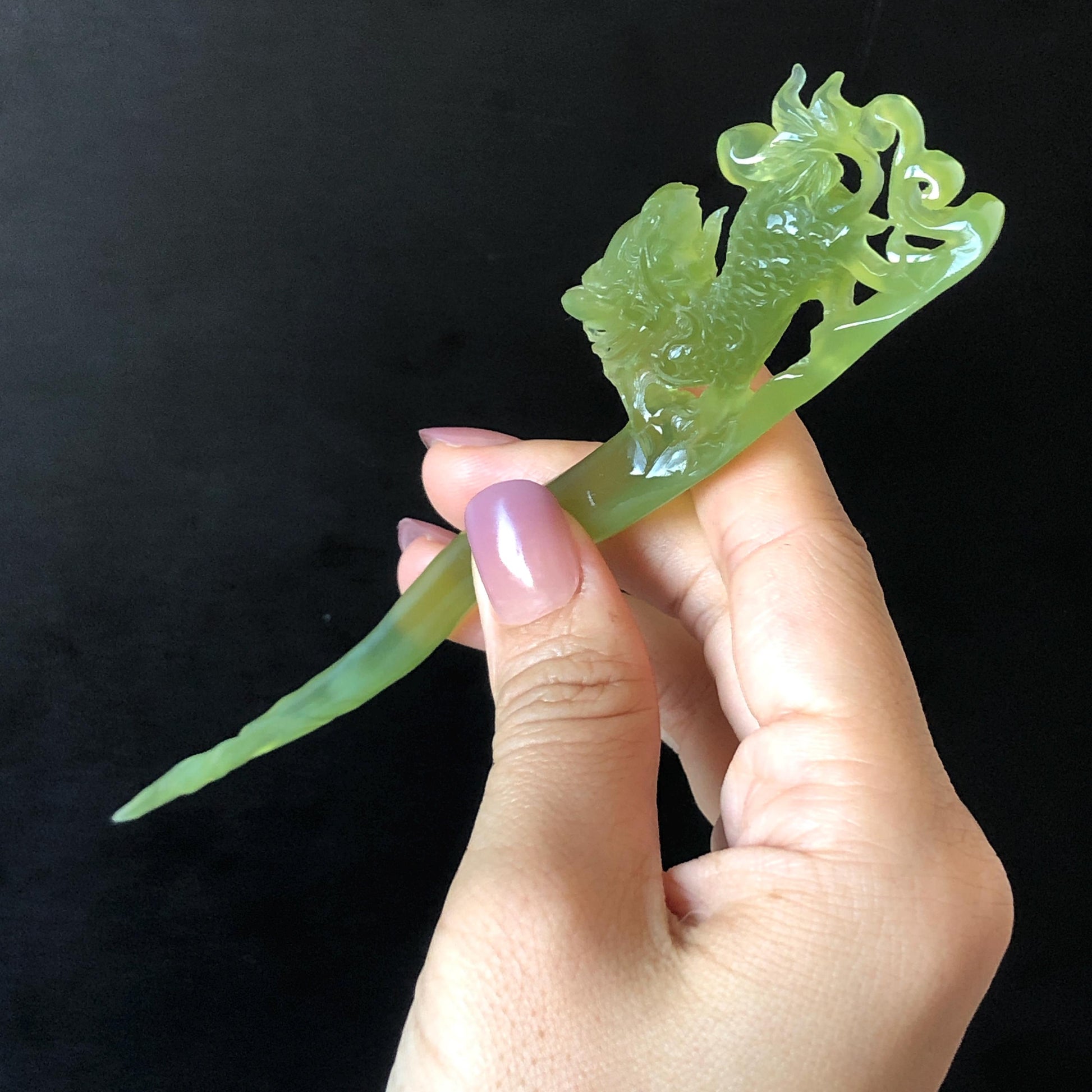 Xiu Jade Serpentine Hand Carved Qilin Kirin Hair Pin: Certified Natural Ice Green Jade Hair Stick, Asian Vintage Hair Fork Gift for her japanese hairpin korean hair stick hanfu hair fork vintage hair comb antique hair pins dragon carving hand engraved kirin Qilin carving green jade carving hand carved dragon hair stick 3D stone carving antique hair stick untreated jade with certificate