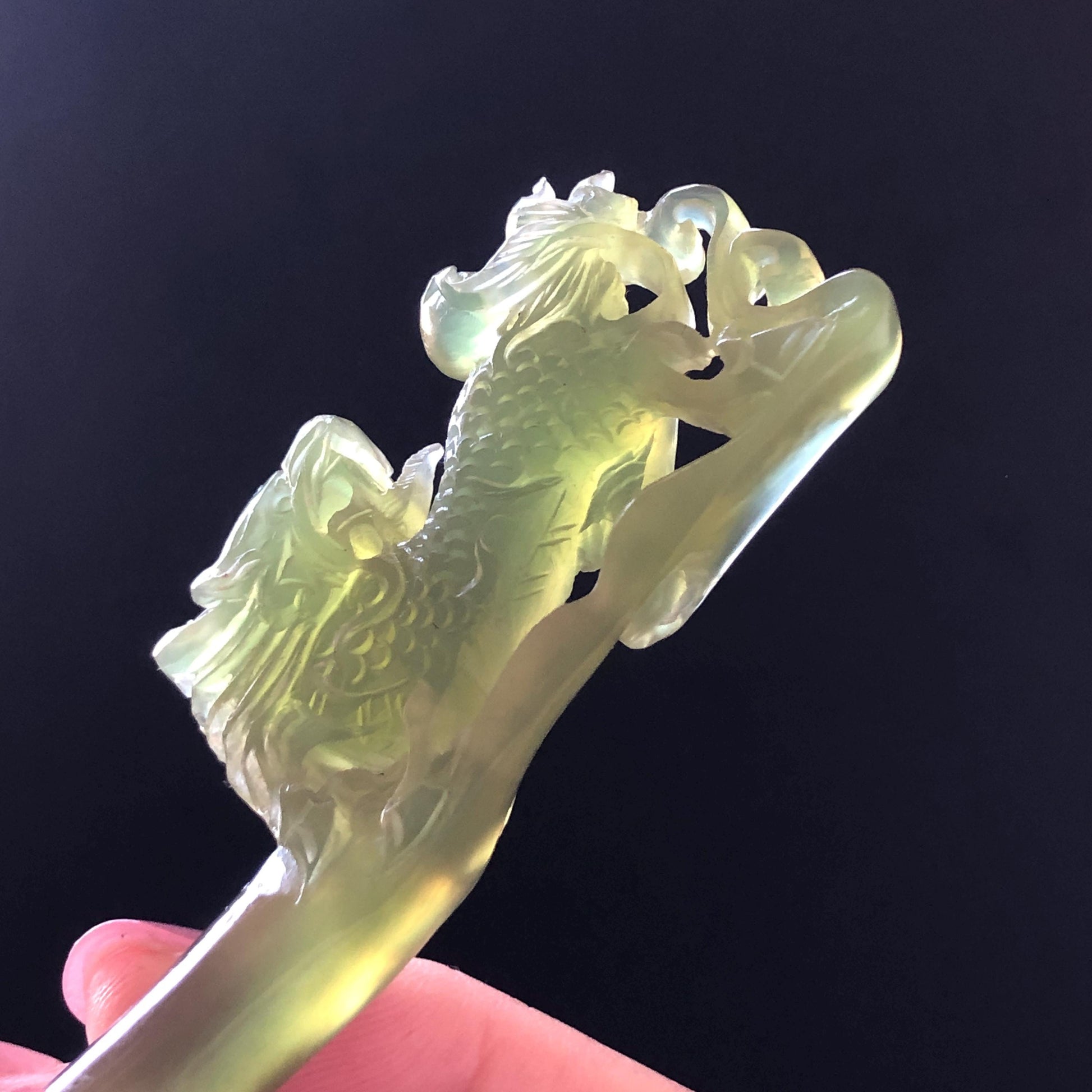 Xiu Jade Serpentine Hand Carved Qilin Kirin Hair Pin: Certified Natural Ice Green Jade Hair Stick, Asian Vintage Hair Fork Gift for her japanese hairpin korean hair stick hanfu hair fork vintage hair comb antique hair pins dragon carving hand engraved kirin Qilin carving green jade carving hand carved dragon hair stick 3D stone carving antique hair stick untreated jade with certificate