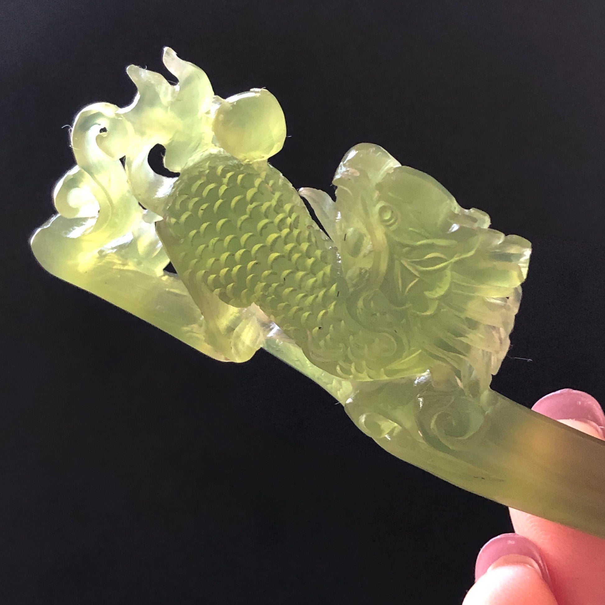 Xiu Jade Serpentine Hand Carved Qilin Kirin Hair Pin: Certified Natural Ice Green Jade Hair Stick, Asian Vintage Hair Fork Gift for her japanese hairpin korean hair stick hanfu hair fork vintage hair comb antique hair pins dragon carving hand engraved kirin Qilin carving green jade carving hand carved dragon hair stick 3D stone carving antique hair stick untreated jade with certificate