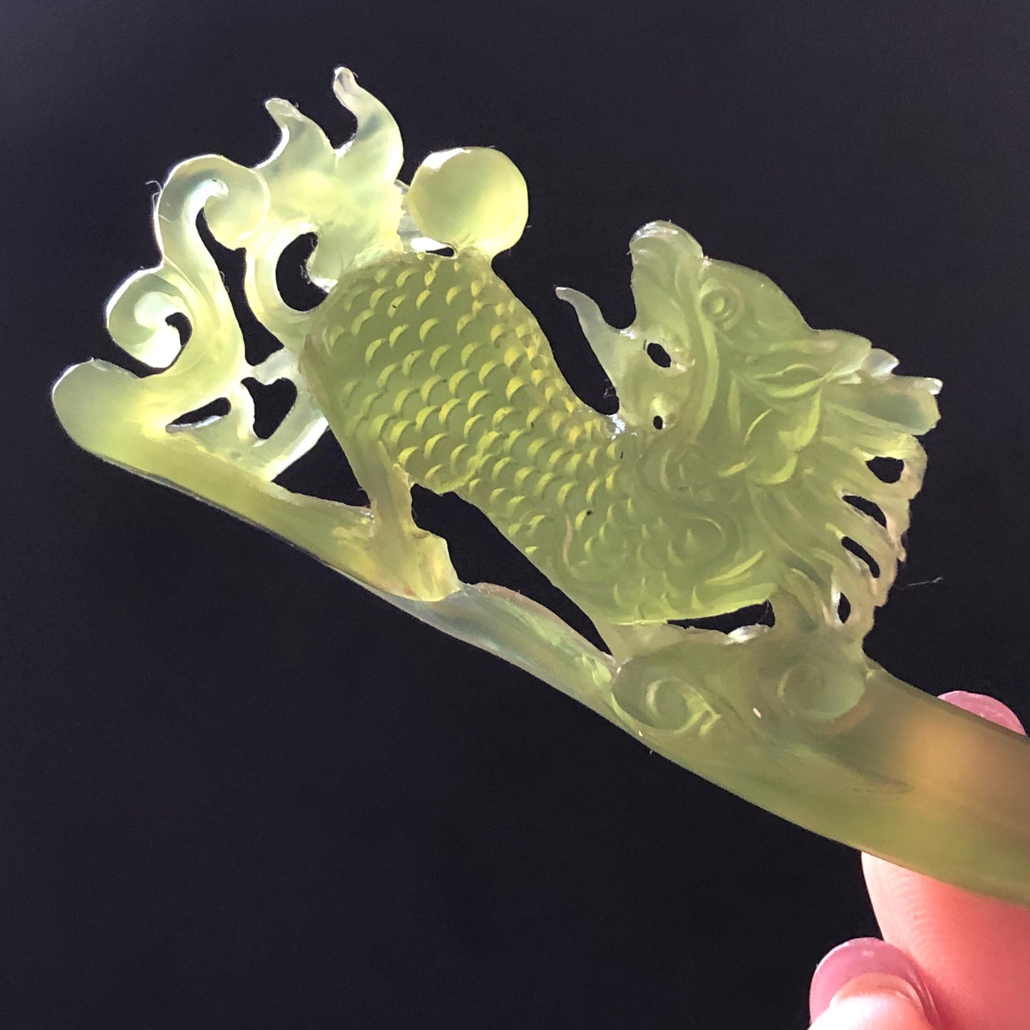Xiu Jade Serpentine Hand Carved Qilin Kirin Hair Pin: Certified Natural Ice Green Jade Hair Stick, Asian Vintage Hair Fork Gift for her japanese hairpin korean hair stick hanfu hair fork vintage hair comb antique hair pins dragon carving hand engraved kirin Qilin carving green jade carving hand carved dragon hair stick 3D stone carving antique hair stick untreated jade with certificate