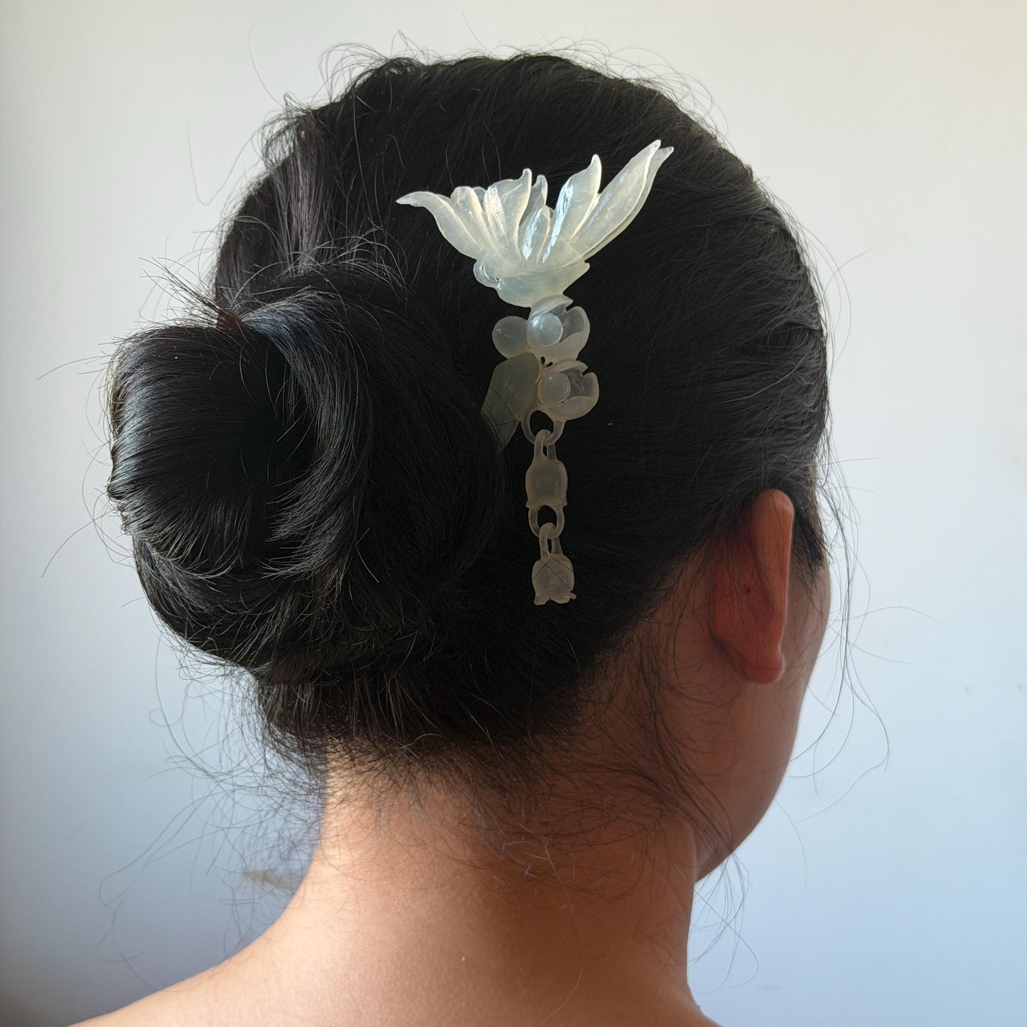 Xiu Jade Serpentine Crescent Moon Butterfly and Lily of Valley Flower Hair Stick with Dangle: Ice White Jade Hand Carved Half Moon Hair Pin, Vintage Chinese Hair Fork with Certificate Bridal Wedding Headpiece Gift for her japanese hairpin korean hair stick chinese hair comb asian hair fork moon hair stick hair pins with dangle ice white jade carving Peony carving flower carving natural untreated jade with certificate bridal shower gift wedding hair accessory hair jewelry butterfly carving