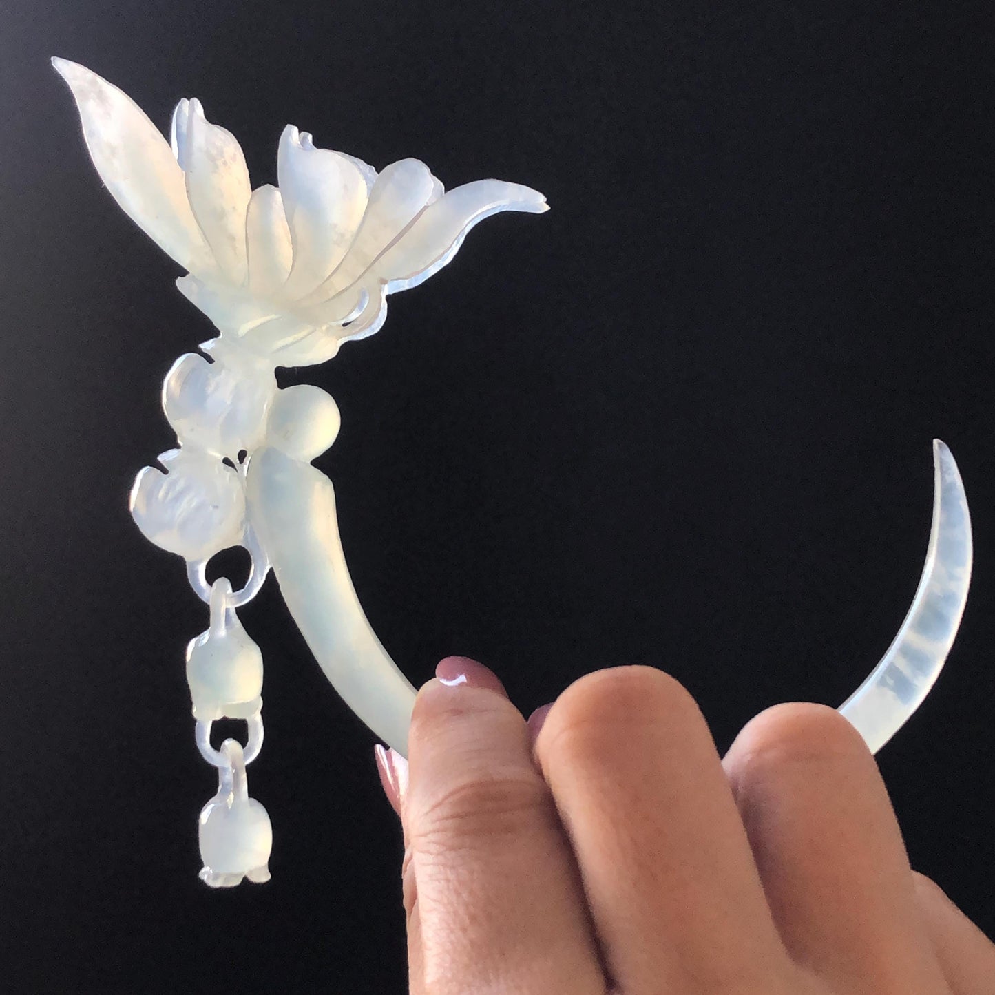 Xiu Jade Serpentine Crescent Moon Butterfly and Lily of Valley Flower Hair Stick with Dangle: Ice White Jade Hand Carved Half Moon Hair Pin, Vintage Chinese Hair Fork with Certificate Bridal Wedding Headpiece Gift for her japanese hairpin korean hair stick chinese hair comb asian hair fork moon hair stick hair pins with dangle ice white jade carving Peony carving flower carving natural untreated jade with certificate bridal shower gift wedding hair accessory hair jewelry butterfly carving