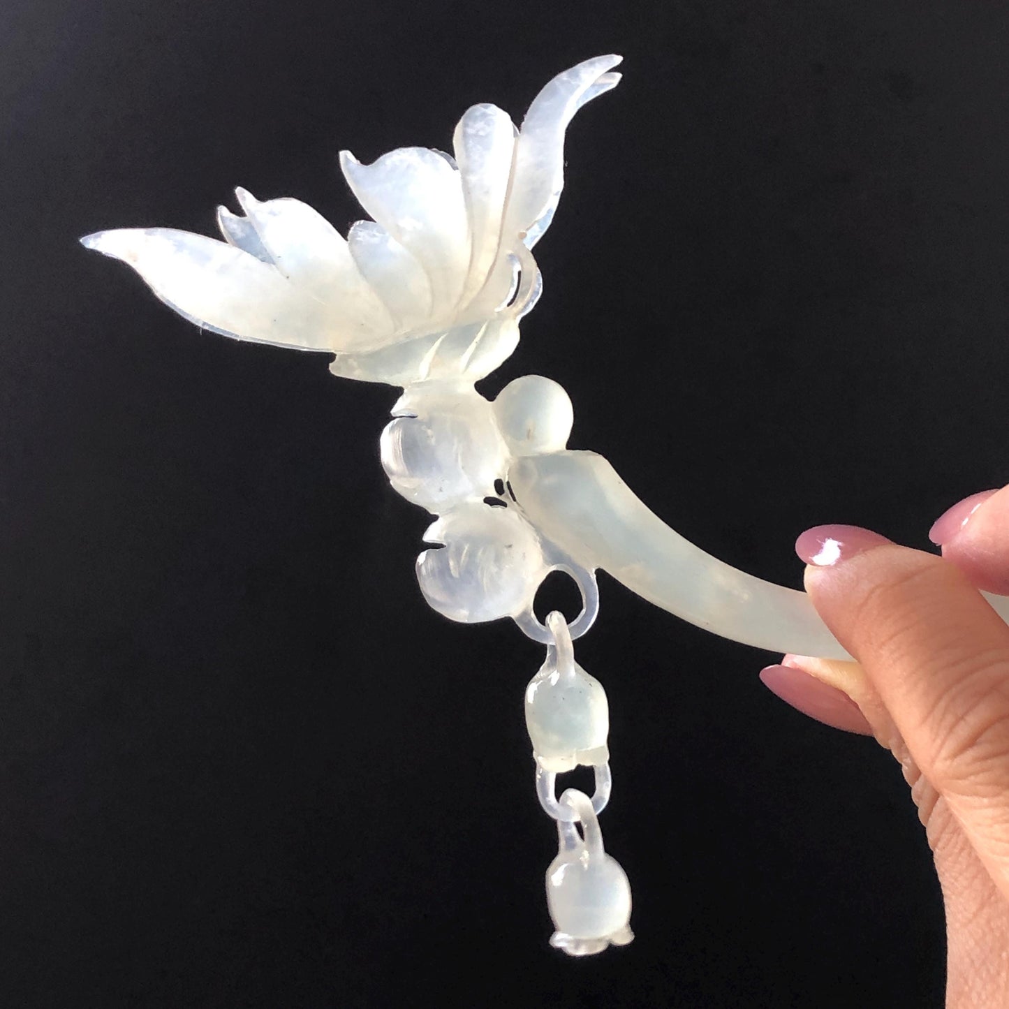 Xiu Jade Serpentine Crescent Moon Butterfly and Lily of Valley Flower Hair Stick with Dangle: Ice White Jade Hand Carved Half Moon Hair Pin, Vintage Chinese Hair Fork with Certificate Bridal Wedding Headpiece Gift for her japanese hairpin korean hair stick chinese hair comb asian hair fork moon hair stick hair pins with dangle ice white jade carving Peony carving flower carving natural untreated jade with certificate bridal shower gift wedding hair accessory hair jewelry butterfly carving