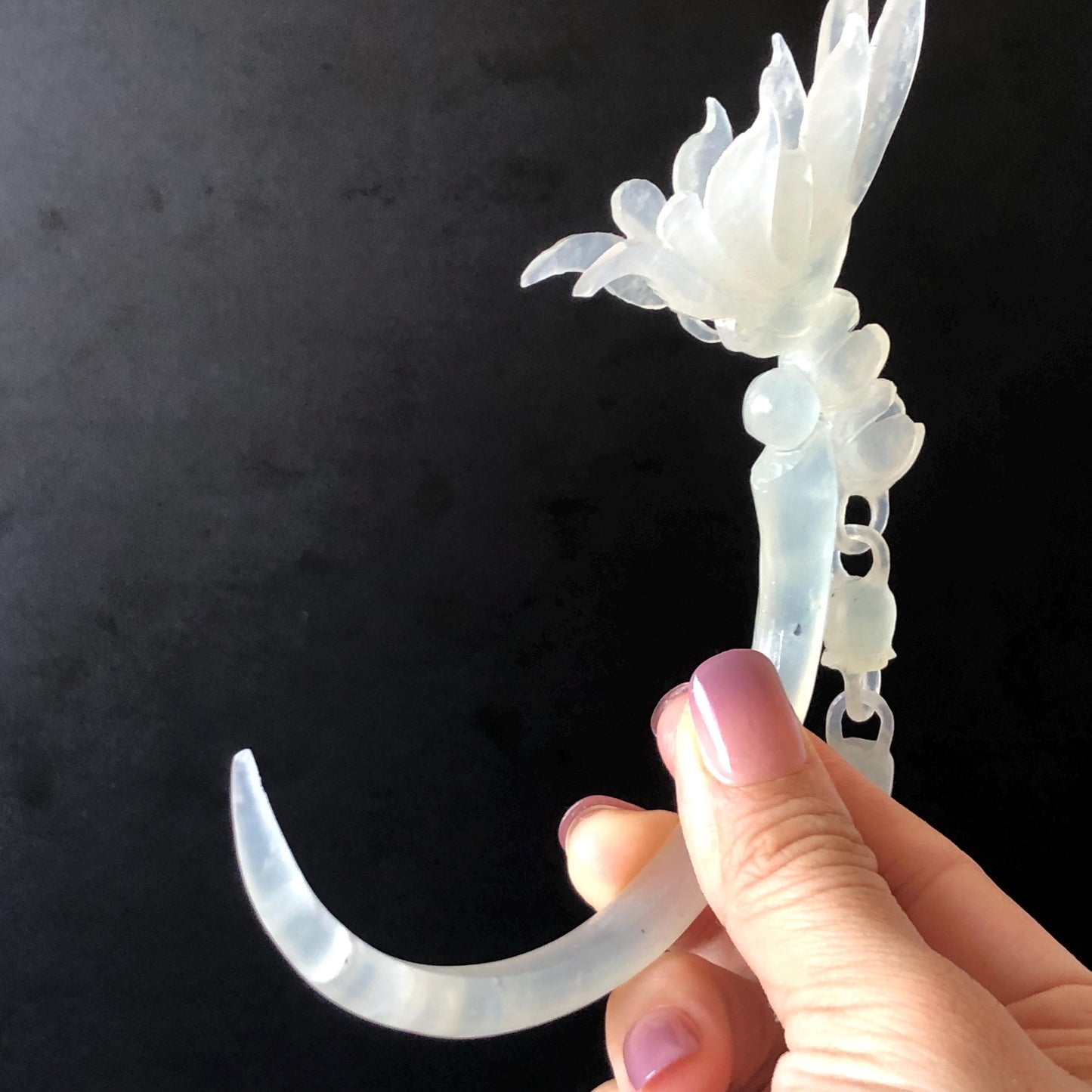 Xiu Jade Serpentine Crescent Moon Butterfly and Lily of Valley Flower Hair Stick with Dangle: Ice White Jade Hand Carved Half Moon Hair Pin, Vintage Chinese Hair Fork with Certificate Bridal Wedding Headpiece Gift for her japanese hairpin korean hair stick chinese hair comb asian hair fork moon hair stick hair pins with dangle ice white jade carving Peony carving flower carving natural untreated jade with certificate bridal shower gift wedding hair accessory hair jewelry butterfly carving