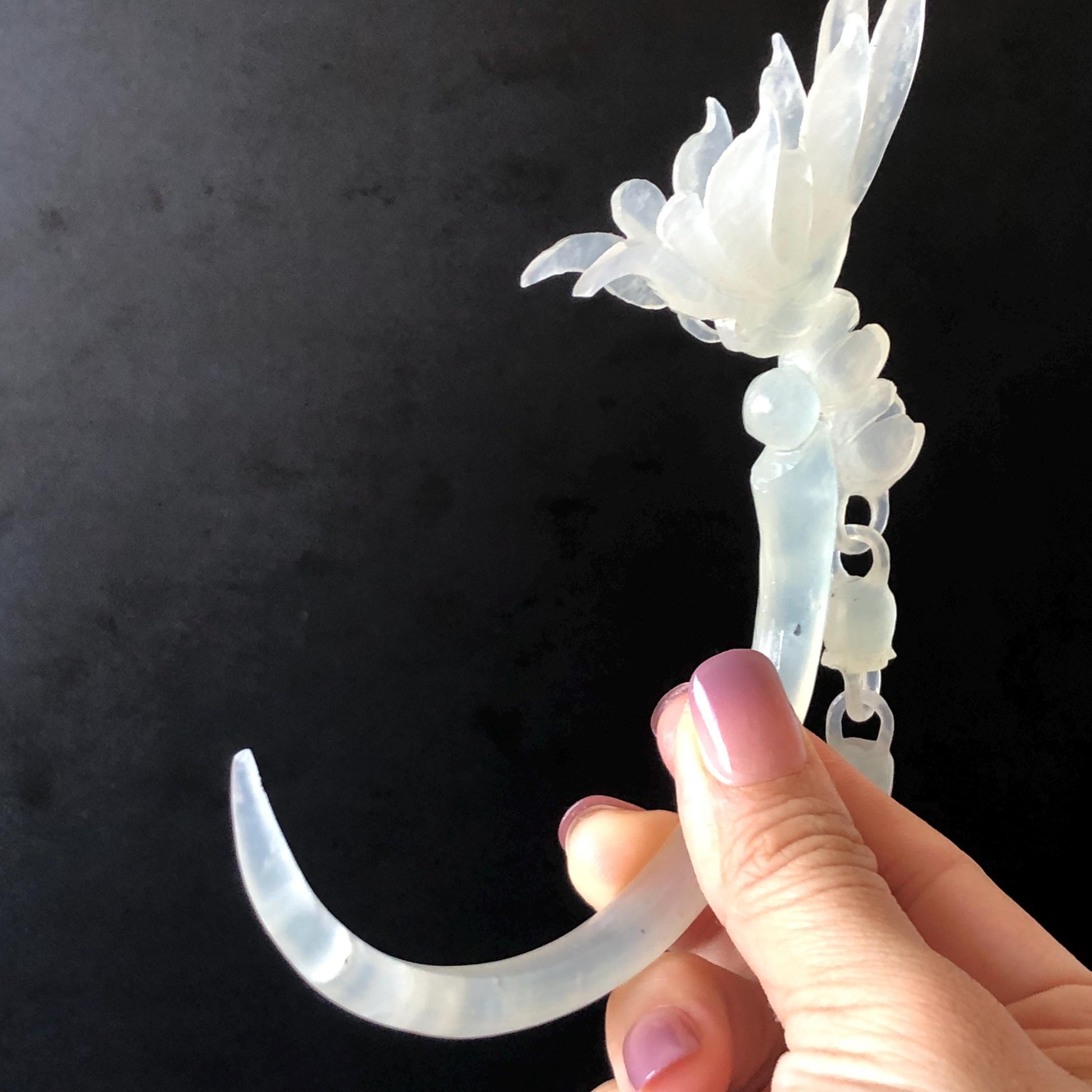 Xiu Jade Serpentine Crescent Moon Butterfly and Lily of Valley Flower Hair Stick with Dangle: Ice White Jade Hand Carved Half Moon Hair Pin, Vintage Chinese Hair Fork with Certificate Bridal Wedding Headpiece Gift for her japanese hairpin korean hair stick chinese hair comb asian hair fork moon hair stick hair pins with dangle ice white jade carving Peony carving flower carving natural untreated jade with certificate bridal shower gift wedding hair accessory hair jewelry butterfly carving