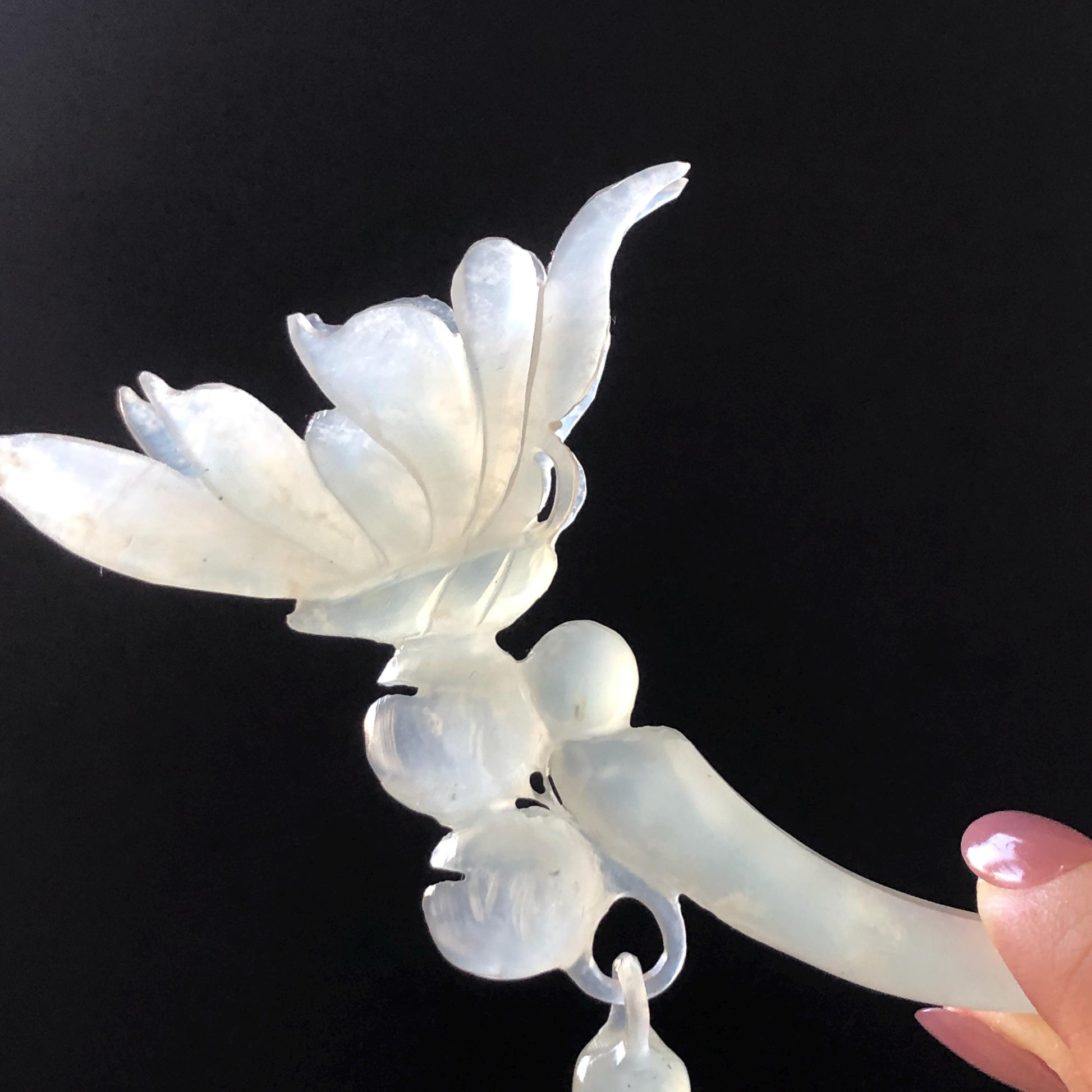 Xiu Jade Serpentine Crescent Moon Butterfly and Lily of Valley Flower Hair Stick with Dangle: Ice White Jade Hand Carved Half Moon Hair Pin, Vintage Chinese Hair Fork with Certificate Bridal Wedding Headpiece Gift for her japanese hairpin korean hair stick chinese hair comb asian hair fork moon hair stick hair pins with dangle ice white jade carving Peony carving flower carving natural untreated jade with certificate bridal shower gift wedding hair accessory hair jewelry butterfly carving
