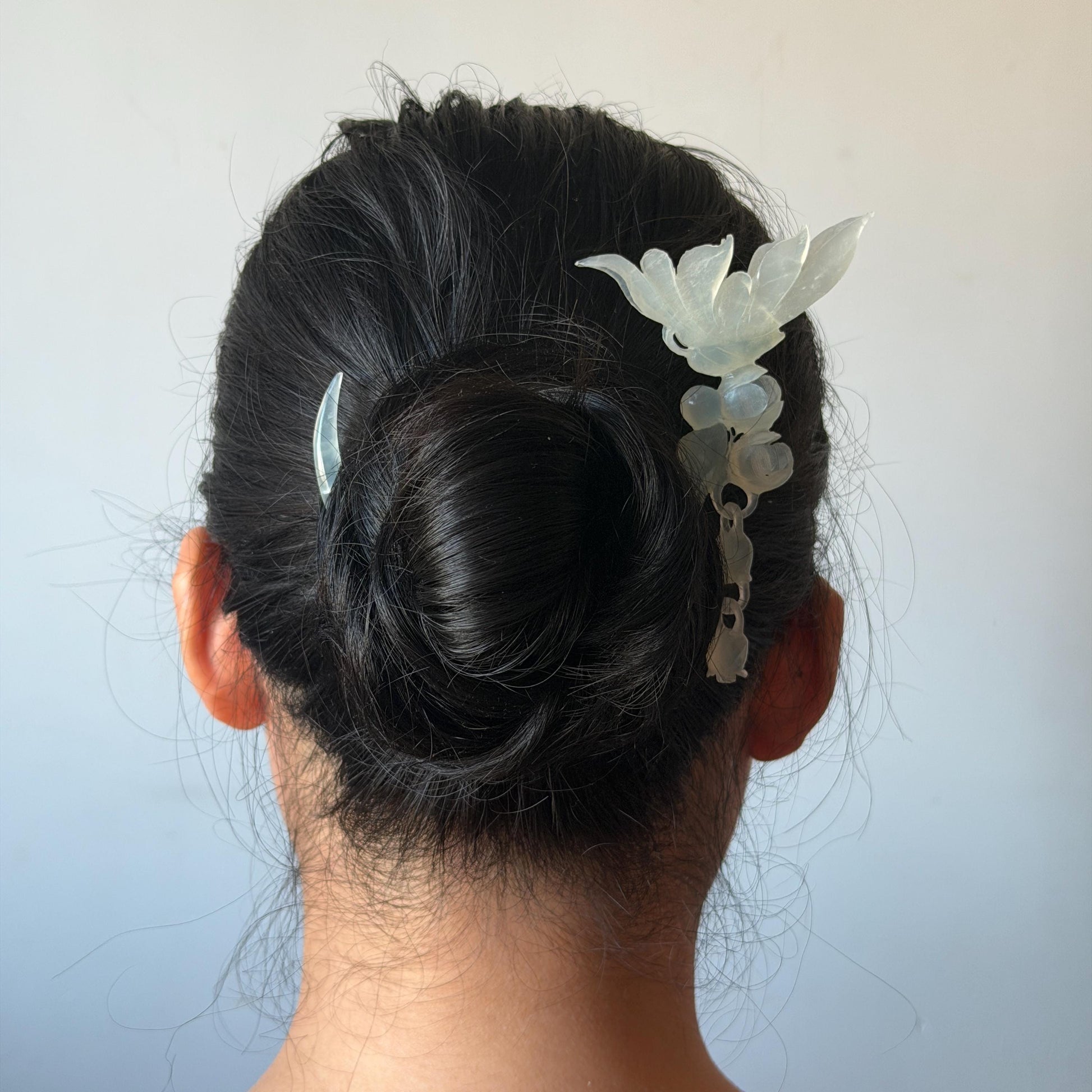 Xiu Jade Serpentine Crescent Moon Butterfly and Lily of Valley Flower Hair Stick with Dangle: Ice White Jade Hand Carved Half Moon Hair Pin, Vintage Chinese Hair Fork with Certificate Bridal Wedding Headpiece Gift for her japanese hairpin korean hair stick chinese hair comb asian hair fork moon hair stick hair pins with dangle ice white jade carving Peony carving flower carving natural untreated jade with certificate bridal shower gift wedding hair accessory hair jewelry butterfly carving