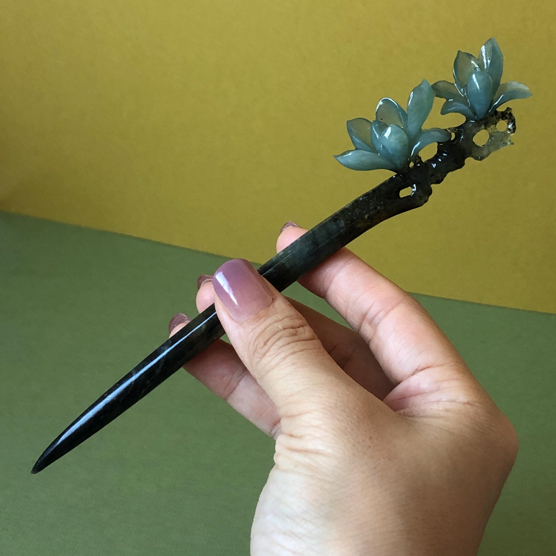 Xiu Jade Serpentine Hand Carved Yulan Magnolia Flower Hair Pin: Natural Certified Black & Blue Jade Handcrafted Flower Hair Stick | Asian Chinese Vintage Style Gift, Korean hair pin, Japanese Hair Stick, Chinese Hair Comb, Flower Jade Carving, engraved jade hairpin, blue jade black jade muti colour jade bi colour jade certified natural jade gift for her mother day gift, bridal hairpin, wedding hair stick Yulan carving Magnolia carving hanfu hair stick bridal shower gift wedding headpiece