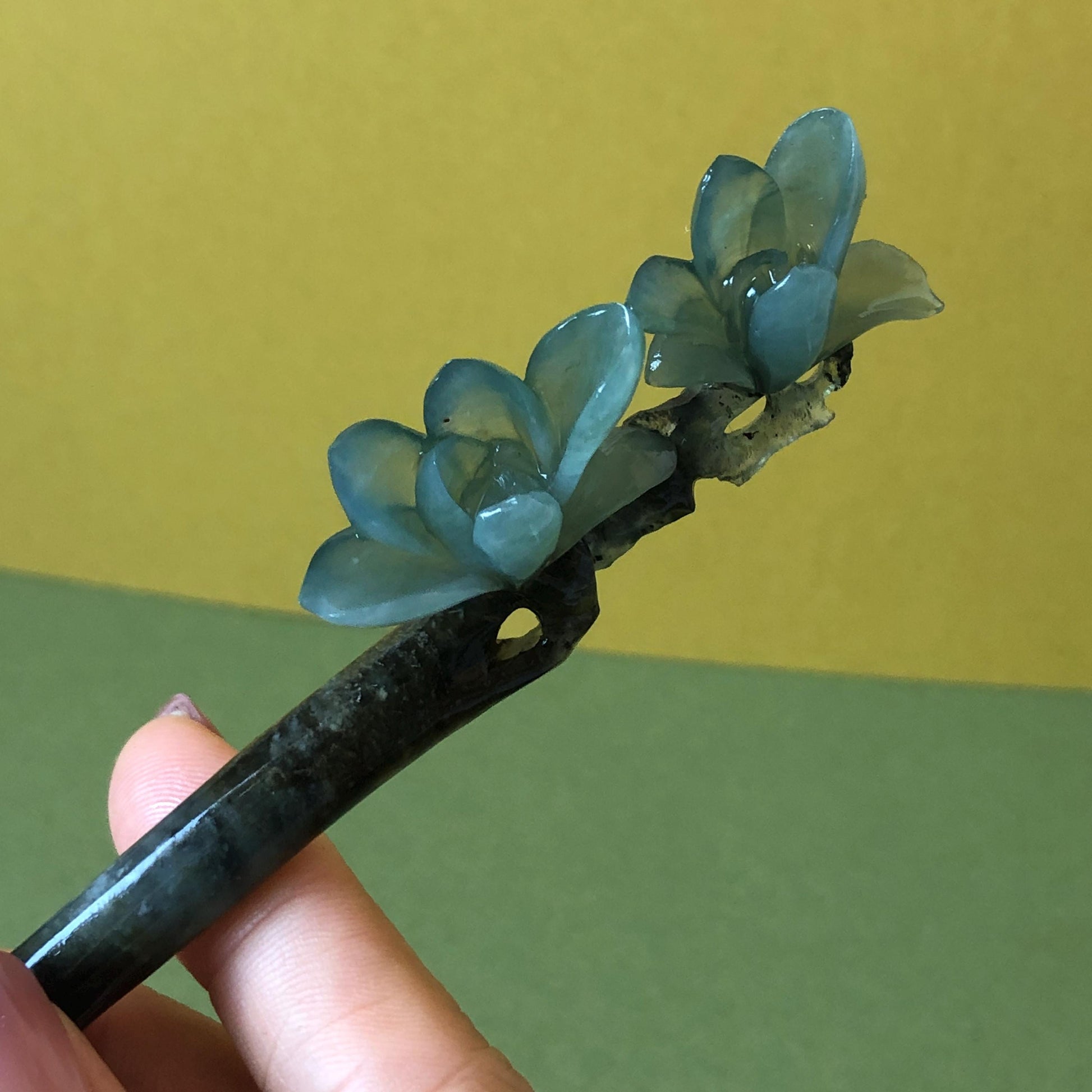 Xiu Jade Serpentine Hand Carved Yulan Magnolia Flower Hair Pin: Natural Certified Black & Blue Jade Handcrafted Flower Hair Stick | Asian Chinese Vintage Style Gift, Korean hair pin, Japanese Hair Stick, Chinese Hair Comb, Flower Jade Carving, engraved jade hairpin, blue jade black jade muti colour jade bi colour jade certified natural jade gift for her mother day gift, bridal hairpin, wedding hair stick Yulan carving Magnolia carving hanfu hair stick bridal shower gift wedding headpiece