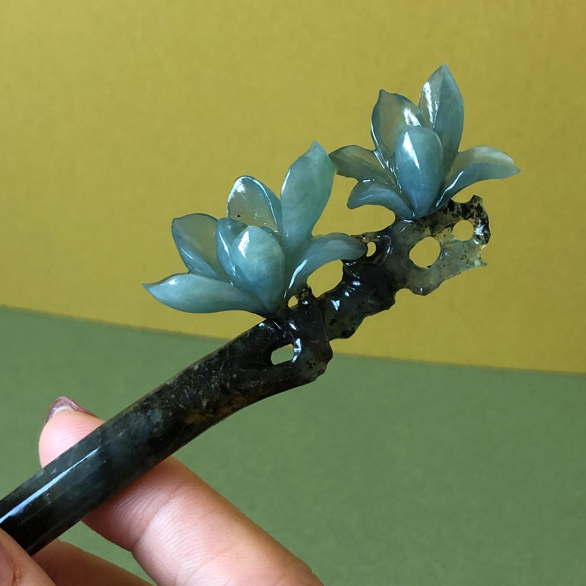 Xiu Jade Serpentine Hand Carved Yulan Magnolia Flower Hair Pin: Natural Certified Black & Blue Jade Handcrafted Flower Hair Stick | Asian Chinese Vintage Style Gift, Korean hair pin, Japanese Hair Stick, Chinese Hair Comb, Flower Jade Carving, engraved jade hairpin, blue jade black jade muti colour jade bi colour jade certified natural jade gift for her mother day gift, bridal hairpin, wedding hair stick Yulan carving Magnolia carving hanfu hair stick bridal shower gift wedding headpiece