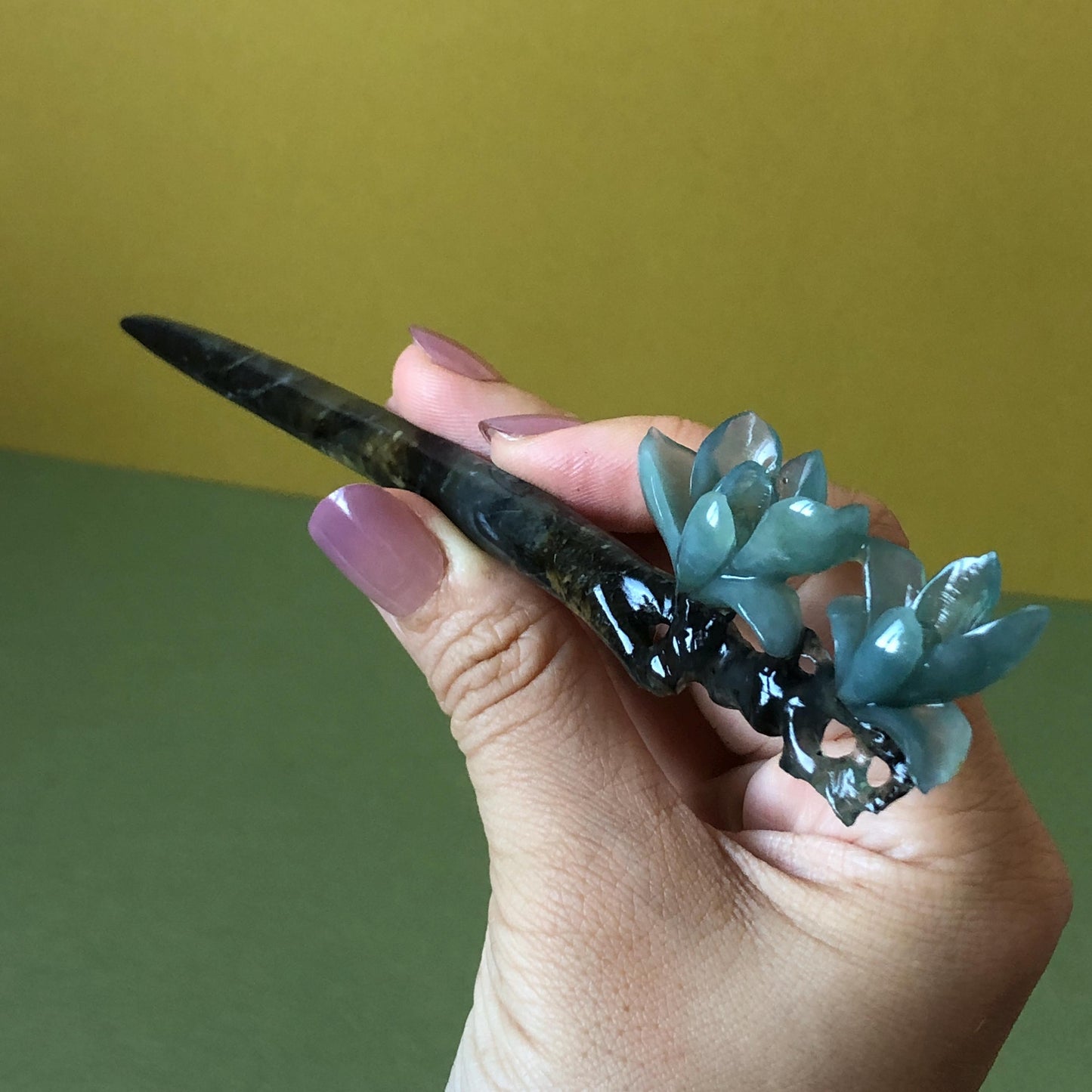 Xiu Jade Serpentine Hand Carved Yulan Magnolia Flower Hair Pin: Natural Certified Black & Blue Jade Handcrafted Flower Hair Stick | Asian Chinese Vintage Style Gift, Korean hair pin, Japanese Hair Stick, Chinese Hair Comb, Flower Jade Carving, engraved jade hairpin, blue jade black jade muti colour jade bi colour jade certified natural jade gift for her mother day gift, bridal hairpin, wedding hair stick Yulan carving Magnolia carving hanfu hair stick bridal shower gift wedding headpiece