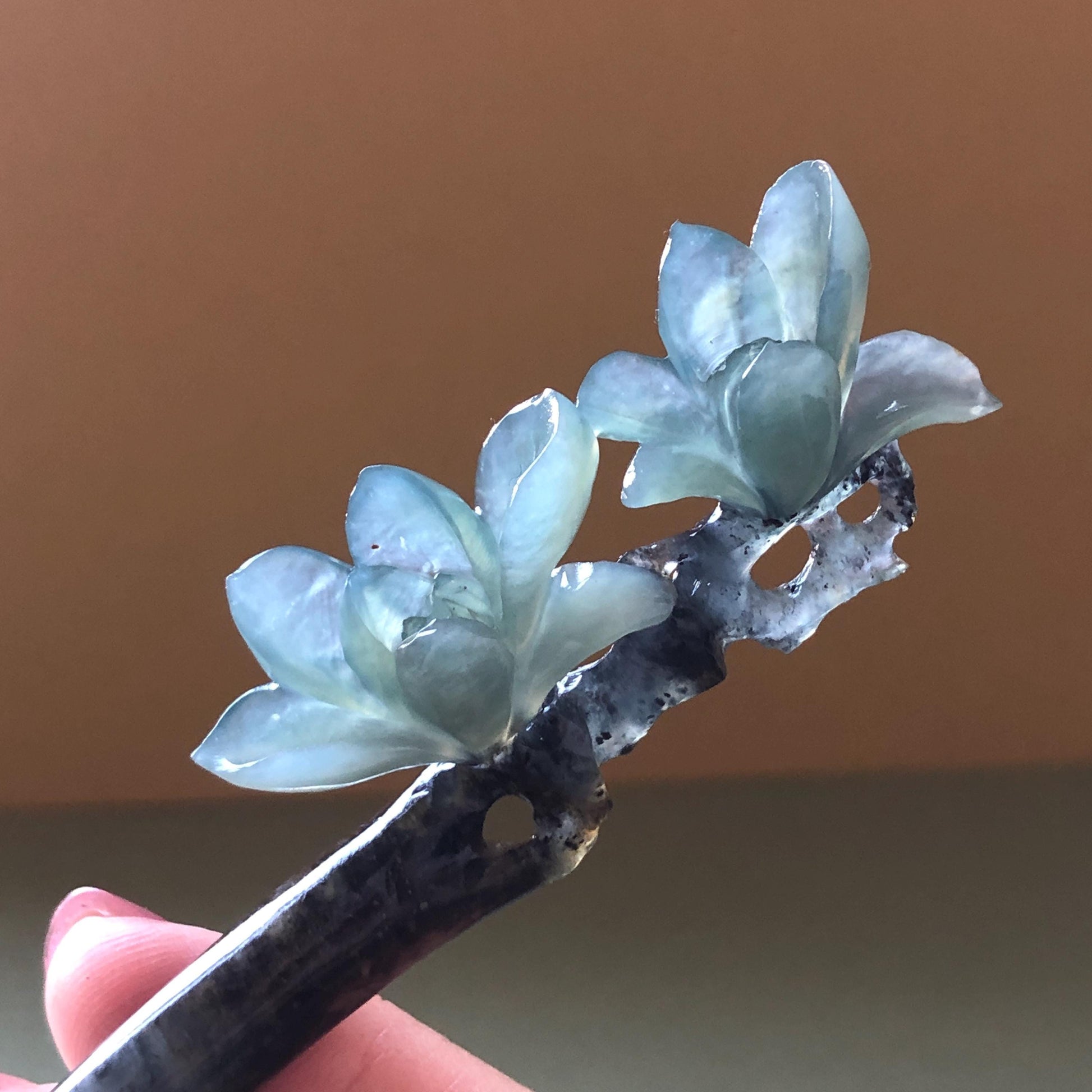 Xiu Jade Serpentine Hand Carved Yulan Magnolia Flower Hair Pin: Natural Certified Black & Blue Jade Handcrafted Flower Hair Stick | Asian Chinese Vintage Style Gift, Korean hair pin, Japanese Hair Stick, Chinese Hair Comb, Flower Jade Carving, engraved jade hairpin, blue jade black jade muti colour jade bi colour jade certified natural jade gift for her mother day gift, bridal hairpin, wedding hair stick Yulan carving Magnolia carving hanfu hair stick bridal shower gift wedding headpiece