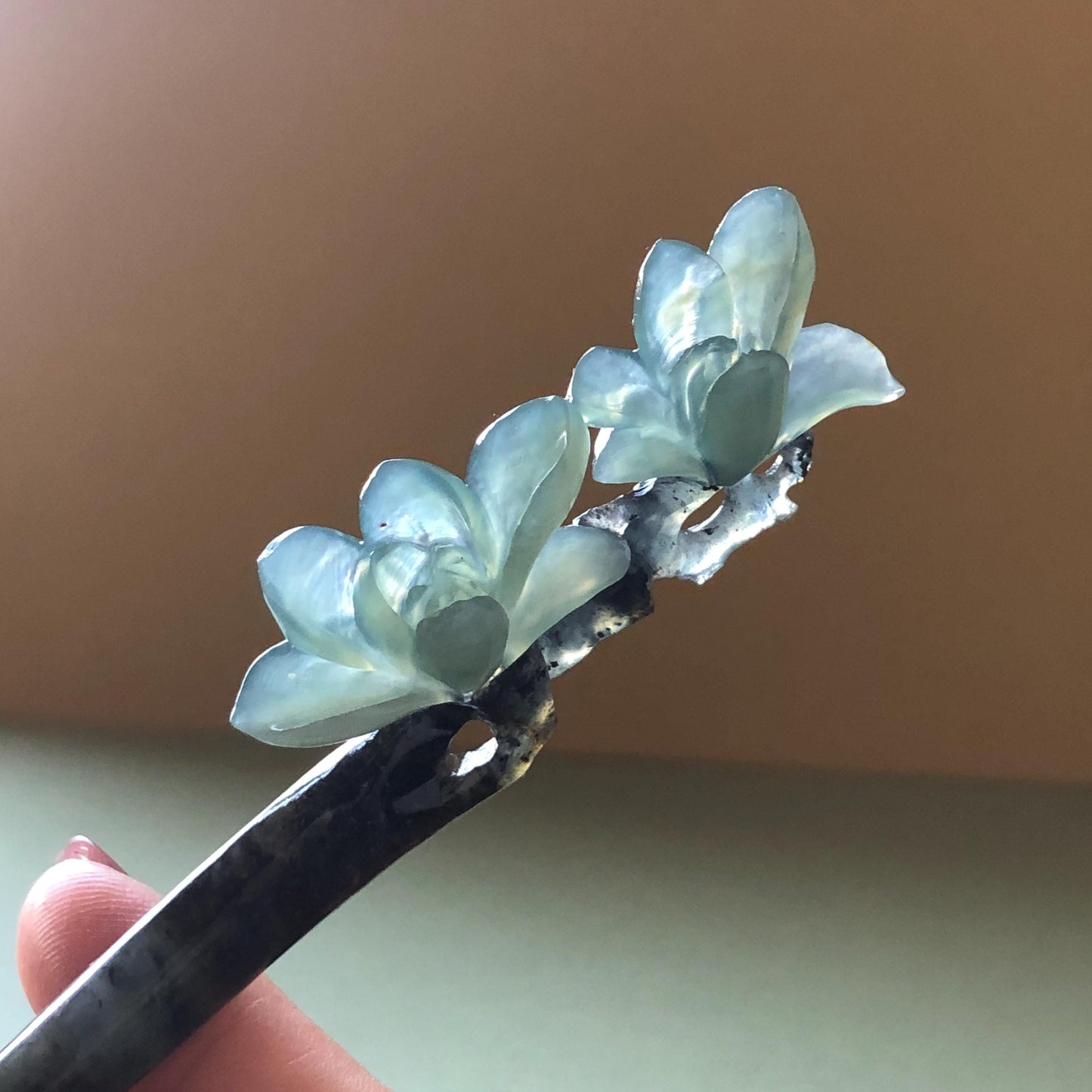 Xiu Jade Serpentine Hand Carved Yulan Magnolia Flower Hair Pin: Natural Certified Black & Blue Jade Handcrafted Flower Hair Stick | Asian Chinese Vintage Style Gift, Korean hair pin, Japanese Hair Stick, Chinese Hair Comb, Flower Jade Carving, engraved jade hairpin, blue jade black jade muti colour jade bi colour jade certified natural jade gift for her mother day gift, bridal hairpin, wedding hair stick Yulan carving Magnolia carving hanfu hair stick bridal shower gift wedding headpiece