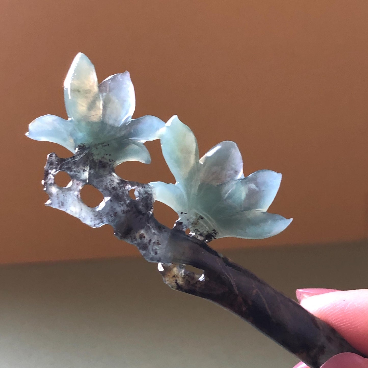 Xiu Jade Serpentine Hand Carved Yulan Magnolia Flower Hair Pin: Natural Certified Black & Blue Jade Handcrafted Flower Hair Stick | Asian Chinese Vintage Style Gift, Korean hair pin, Japanese Hair Stick, Chinese Hair Comb, Flower Jade Carving, engraved jade hairpin, blue jade black jade muti colour jade bi colour jade certified natural jade gift for her mother day gift, bridal hairpin, wedding hair stick Yulan carving Magnolia carving hanfu hair stick bridal shower gift wedding headpiece