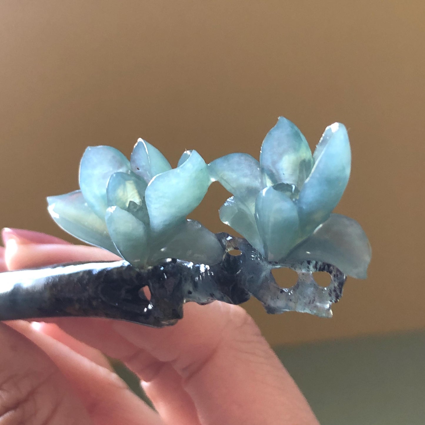 Xiu Jade Serpentine Hand Carved Yulan Magnolia Flower Hair Pin: Natural Certified Black & Blue Jade Handcrafted Flower Hair Stick | Asian Chinese Vintage Style Gift, Korean hair pin, Japanese Hair Stick, Chinese Hair Comb, Flower Jade Carving, engraved jade hairpin, blue jade black jade muti colour jade bi colour jade certified natural jade gift for her mother day gift, bridal hairpin, wedding hair stick Yulan carving Magnolia carving hanfu hair stick bridal shower gift wedding headpiece