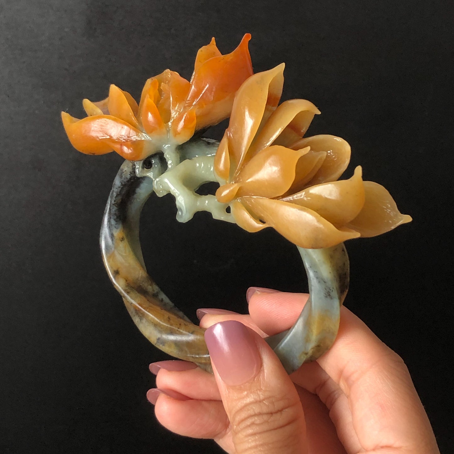 Xiu Jade Serpentine Hand Carved Yulan Flowers Hair Pin: Certified Natural Multicolor Orange Yellow Green Jade Hair Stick, Asian Vintage Hair Fork  Chinese Antique Bridal Gift for her japanese hairpin korean hair stick hair comb antique hair pins hanfu hair stick bridal shower hair jewelry wedding headpiece engagement hair accessory jade carving hand engraved jade hand carved flower jade hairpins untreated jade certificate flower carving yulan carving 3D stone carving handcrafted magnolias jade