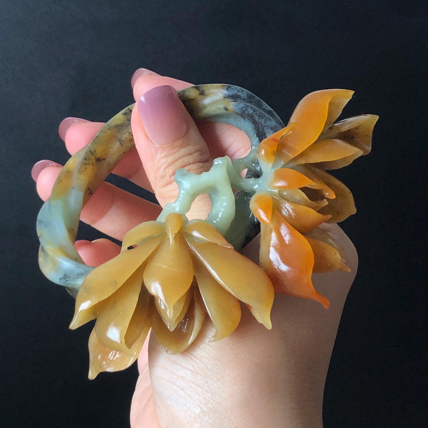 Xiu Jade Serpentine Hand Carved Yulan Flowers Hair Pin: Certified Natural Multicolor Orange Yellow Green Jade Hair Stick, Asian Vintage Hair Fork  Chinese Antique Bridal Gift for her japanese hairpin korean hair stick hair comb antique hair pins hanfu hair stick bridal shower hair jewelry wedding headpiece engagement hair accessory jade carving hand engraved jade hand carved flower jade hairpins untreated jade certificate flower carving yulan carving 3D stone carving handcrafted magnolias jade