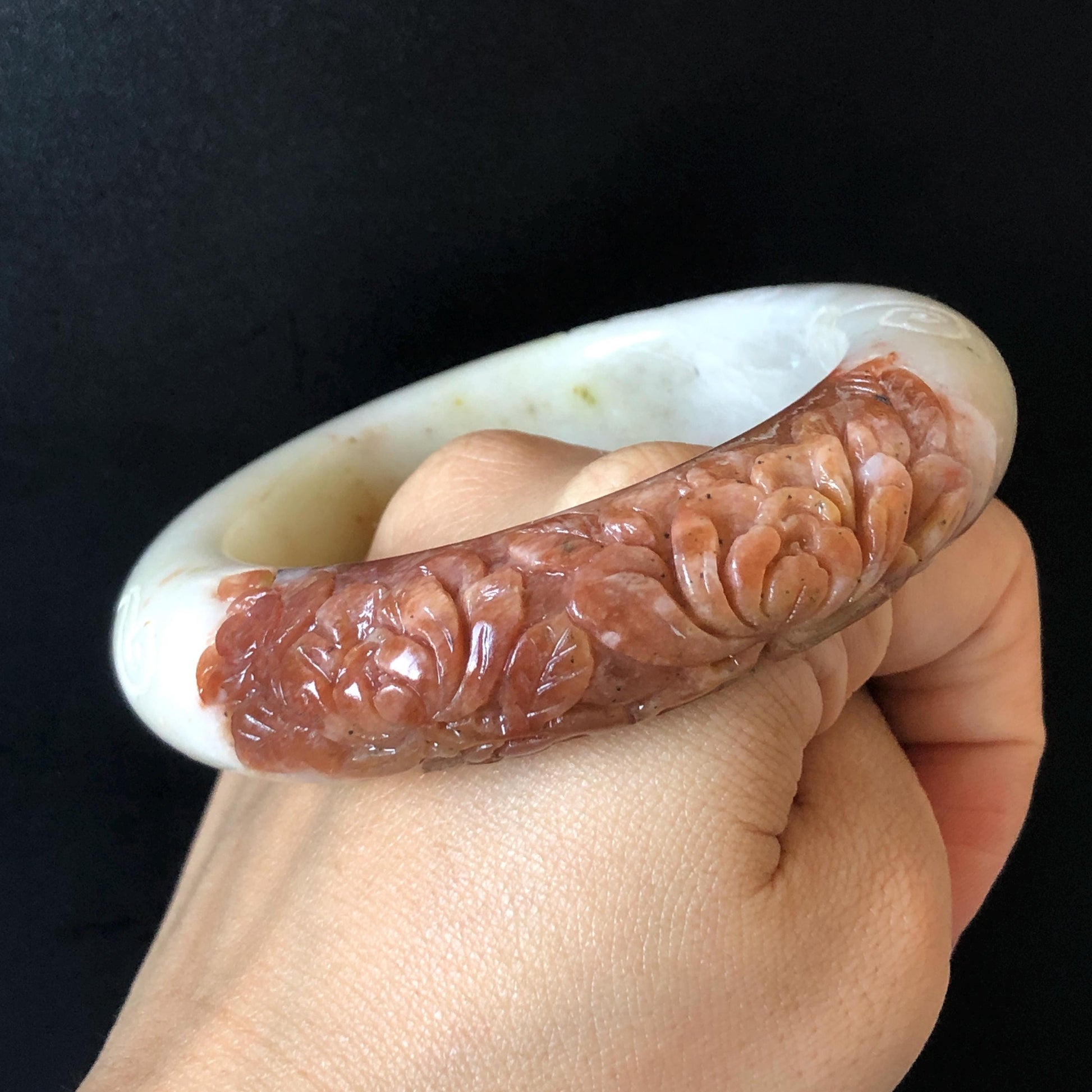 56.4mm Xiu Jade Serpentine Hand Carved Peony Flowers Bangle: Natural Red White Jade Handcrafted Bracelet, Stone Carving Gemstone Jewelry Gift for her wide jade bangle jade carving hand engraved stone carving natural untreated jade bracelet red jade white jade handcraft jade peony carving flower carving chinese jade vintage bangle antique bracelet bi colour jade
