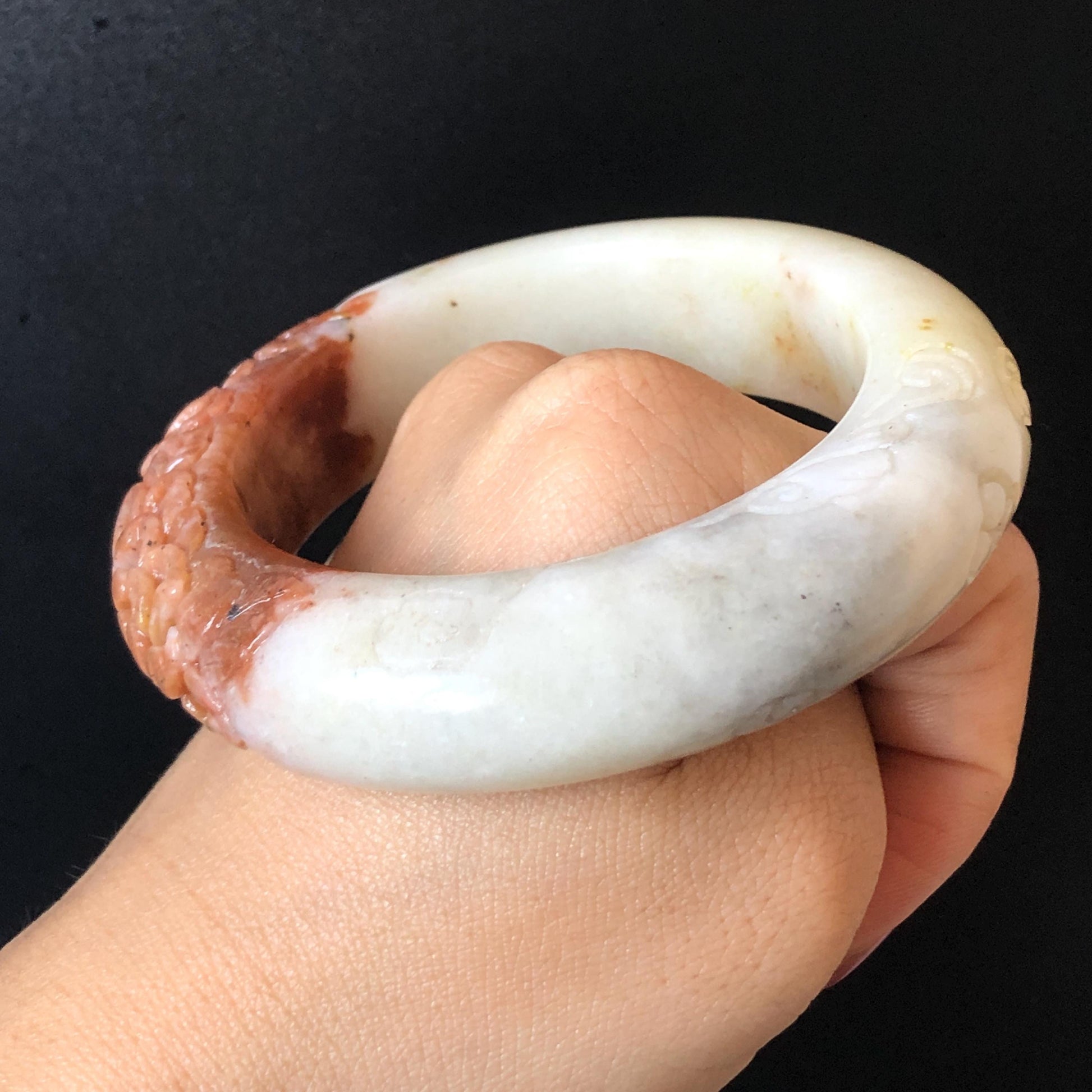 56.4mm Xiu Jade Serpentine Hand Carved Peony Flowers Bangle: Natural Red White Jade Handcrafted Bracelet, Stone Carving Gemstone Jewelry Gift for her wide jade bangle jade carving hand engraved stone carving natural untreated jade bracelet red jade white jade handcraft jade peony carving flower carving chinese jade vintage bangle antique bracelet bi colour jade