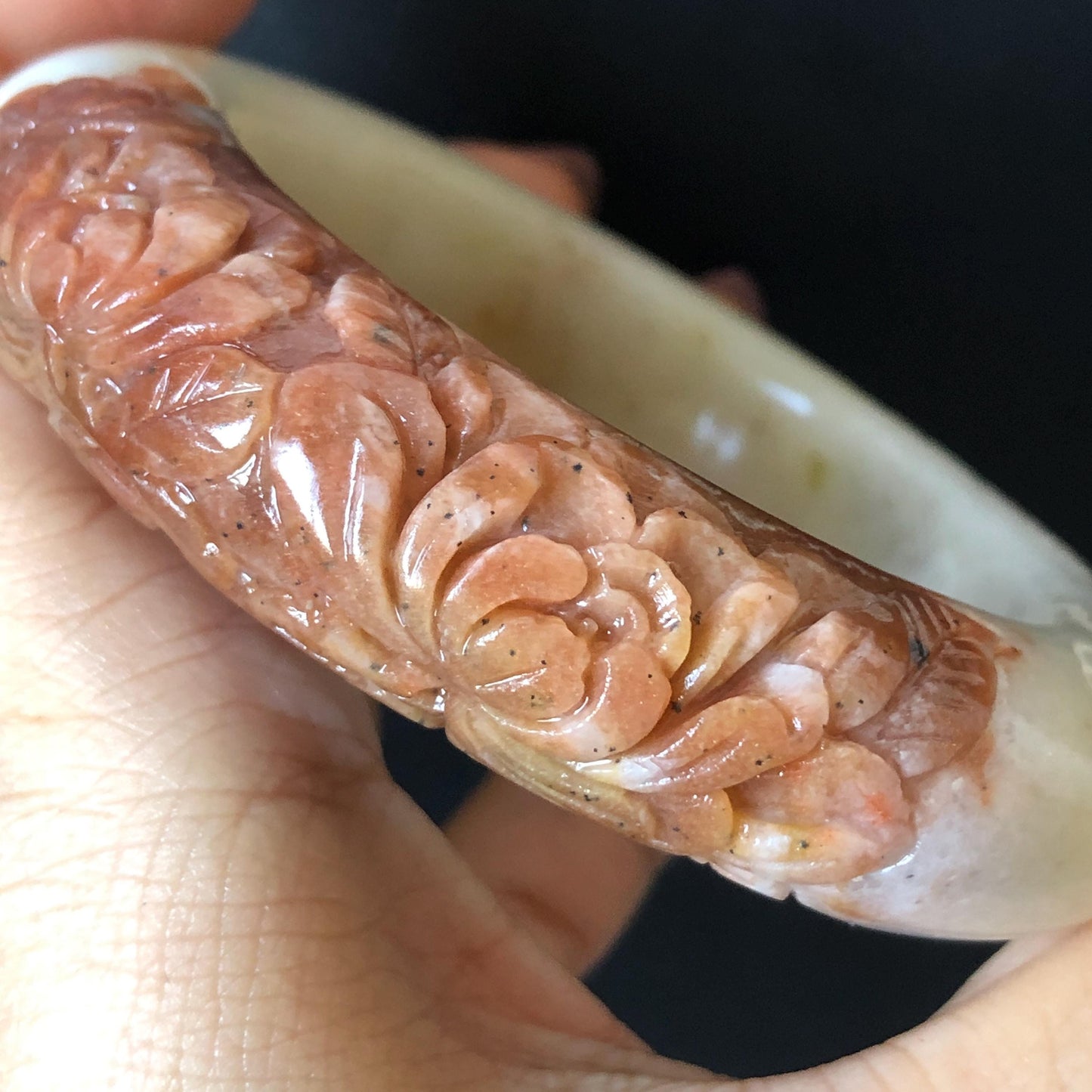 56.4mm Xiu Jade Serpentine Hand Carved Peony Flowers Bangle: Natural Red White Jade Handcrafted Bracelet, Stone Carving Gemstone Jewelry Gift for her wide jade bangle jade carving hand engraved stone carving natural untreated jade bracelet red jade white jade handcraft jade peony carving flower carving chinese jade vintage bangle antique bracelet bi colour jade