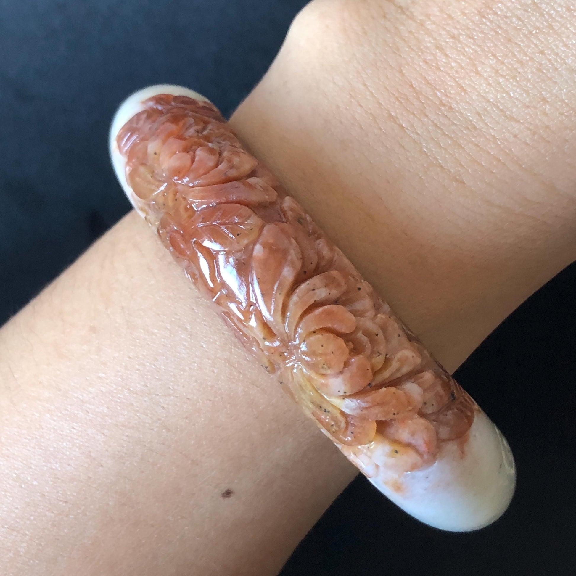 56.4mm Xiu Jade Serpentine Hand Carved Peony Flowers Bangle: Natural Red White Jade Handcrafted Bracelet, Stone Carving Gemstone Jewelry Gift for her wide jade bangle jade carving hand engraved stone carving natural untreated jade bracelet red jade white jade handcraft jade peony carving flower carving chinese jade vintage bangle antique bracelet bi colour jade