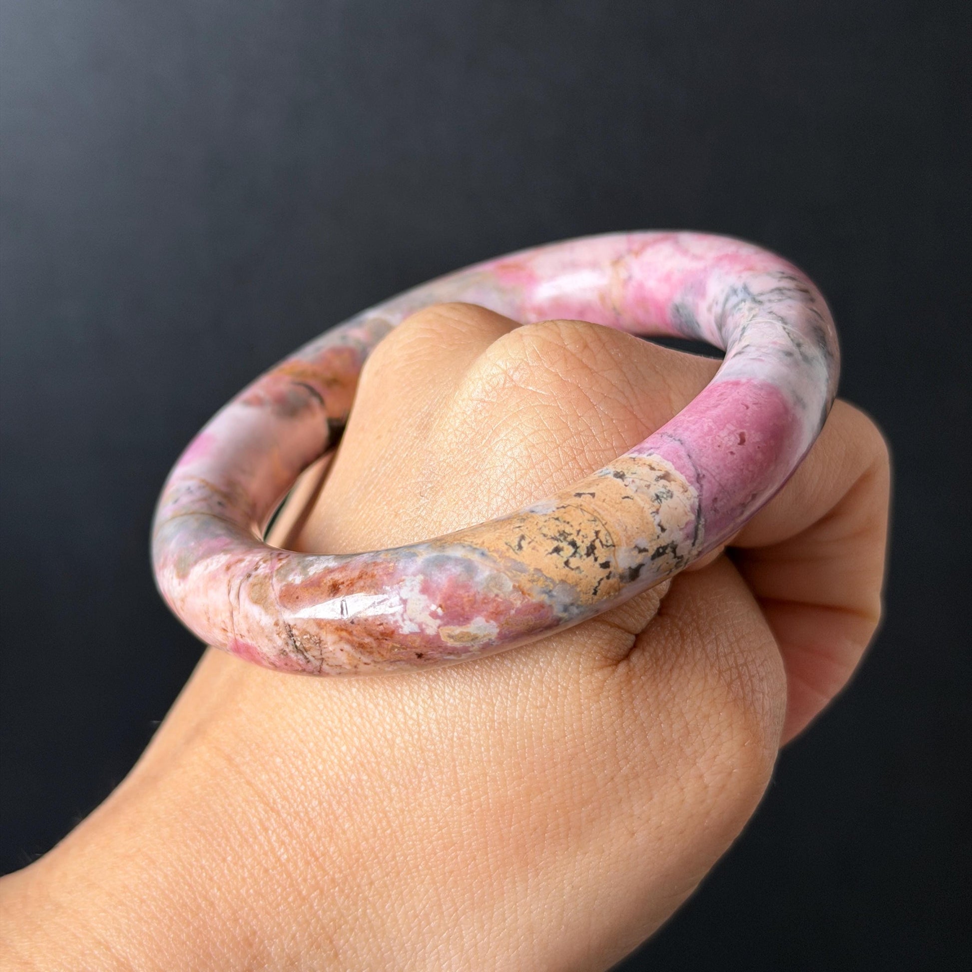 58.3mm Natural Rhodonite Stone Bangle: Pink, Blue, Brown & White Stone Healing Crystal Heart Chakra Crystal Gemstone Bangle Gift | Healing Stone, blue stone bangle, love stone bangle, real rock bangle, passion stone bangle, bangle for women, rhodonite vinatge bracelet antique bangle
