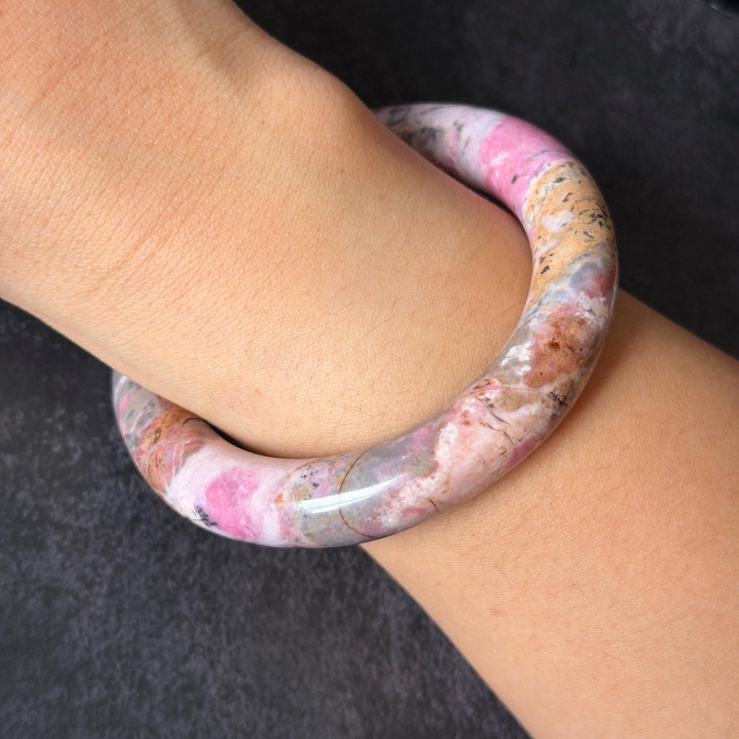 58.3mm Natural Rhodonite Stone Bangle: Pink, Blue, Brown & White Stone Healing Crystal Heart Chakra Crystal Gemstone Bangle Gift | Healing Stone, blue stone bangle, love stone bangle, real rock bangle, passion stone bangle, bangle for women, rhodonite vinatge bracelet antique bangle