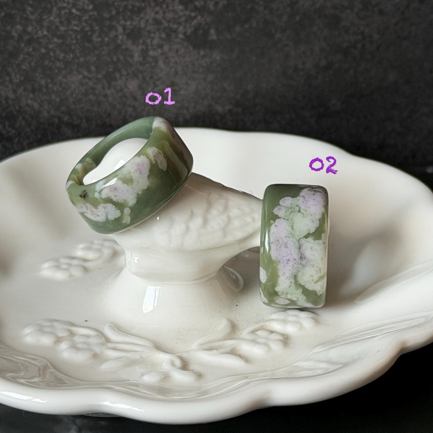 Natural Nephrite Jade Wide Band Ring:Green Jade with White & Purple Flower Pattern Thumb Ring | Wisteria Flowers | US 5.5-5.75 | White Jade Purple Jade flower statement ring for women ring pendant cocktail ring chinese jade ring vintage ring antique ring gift for her stone ring gemstone ring crystal ring