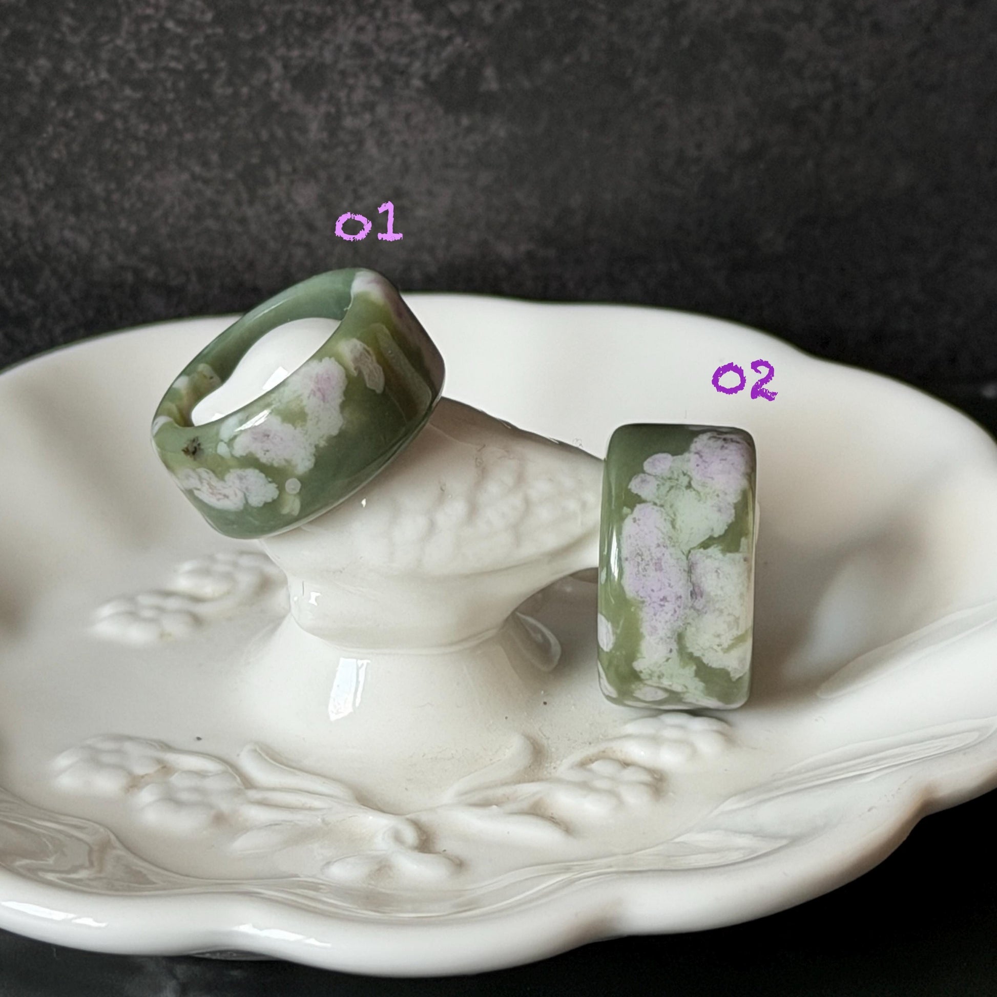 Natural Nephrite Jade Wide Band Ring:Green Jade with White & Purple Flower Pattern Thumb Ring | Wisteria Flowers | US 5.5-5.75 | White Jade Purple Jade flower statement ring for women ring pendant cocktail ring chinese jade ring vintage ring antique ring gift for her stone ring gemstone ring crystal ring