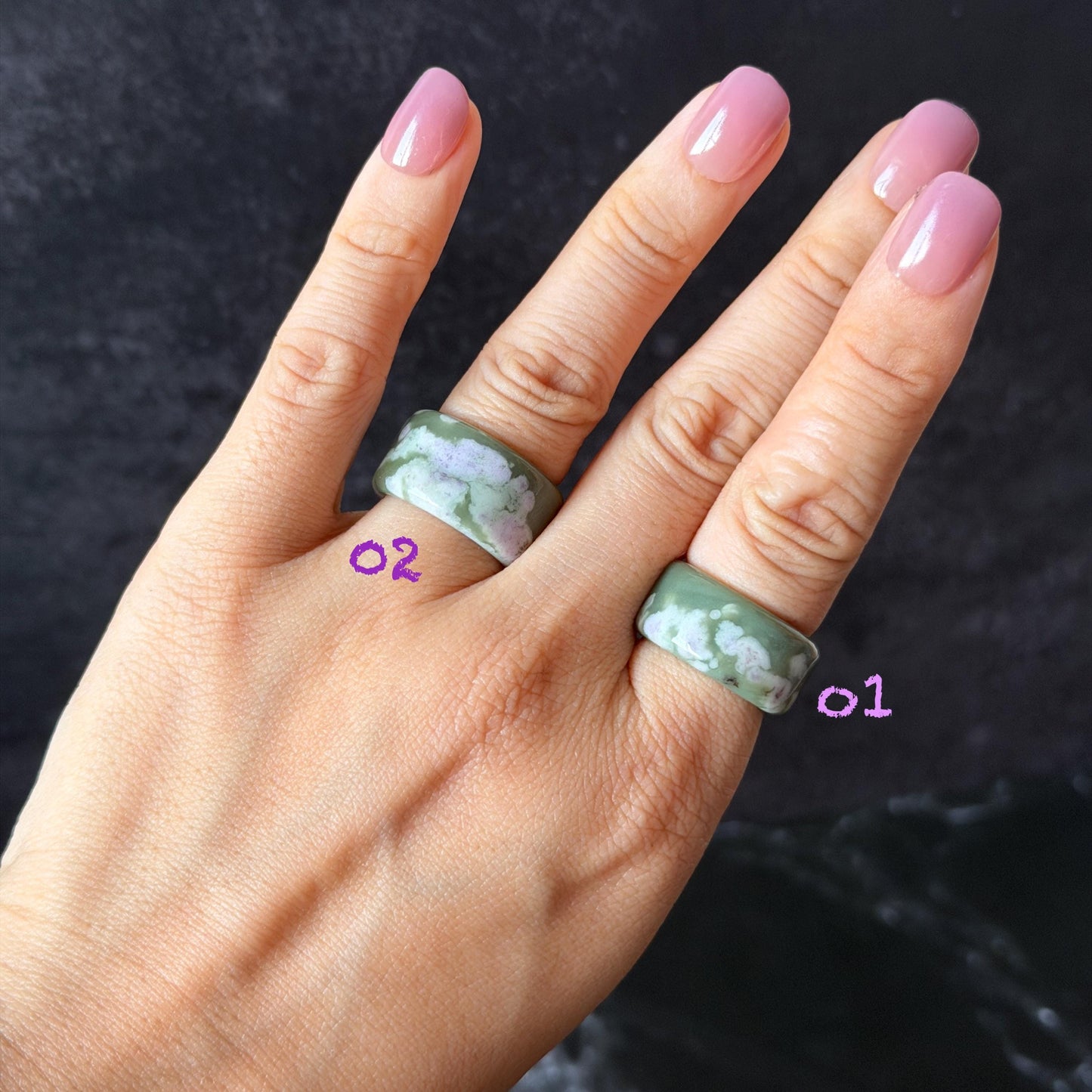 Natural Nephrite Jade Wide Band Ring:Green Jade with White & Purple Flower Pattern Thumb Ring | Wisteria Flowers | US 5.5-5.75 | White Jade Purple Jade flower statement ring for women ring pendant cocktail ring chinese jade ring vintage ring antique ring gift for her stone ring gemstone ring crystal ring