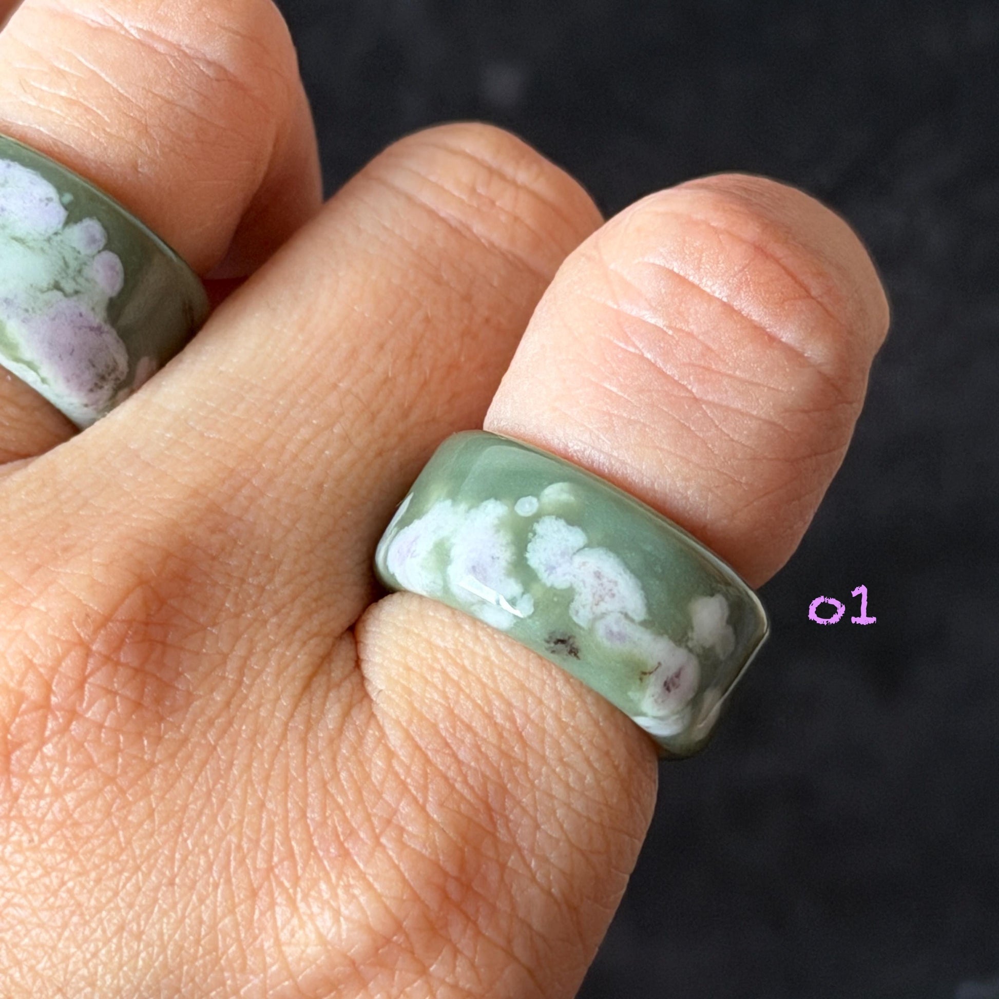 Natural Nephrite Jade Wide Band Ring:Green Jade with White & Purple Flower Pattern Thumb Ring | Wisteria Flowers | US 5.5-5.75 | White Jade Purple Jade flower statement ring for women ring pendant cocktail ring chinese jade ring vintage ring antique ring gift for her stone ring gemstone ring crystal ring