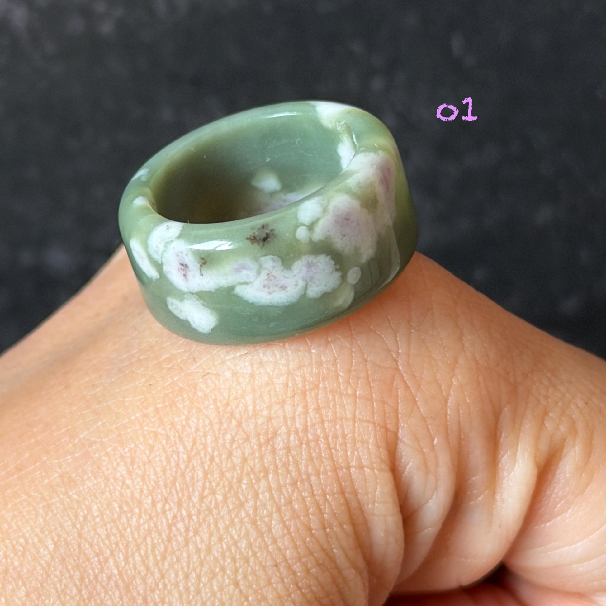 Natural Nephrite Jade Wide Band Ring:Green Jade with White & Purple Flower Pattern Thumb Ring | Wisteria Flowers | US 5.5-5.75 | White Jade Purple Jade flower statement ring for women ring pendant cocktail ring chinese jade ring vintage ring antique ring gift for her stone ring gemstone ring crystal ring