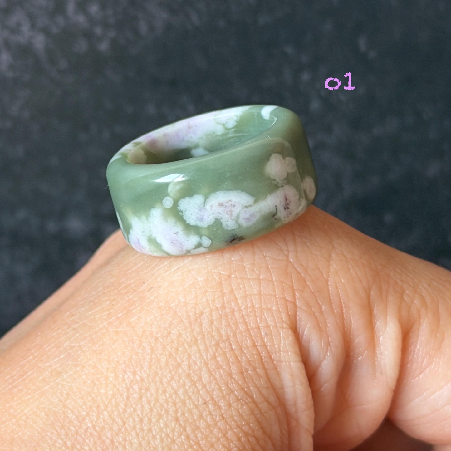 Natural Nephrite Jade Wide Band Ring:Green Jade with White & Purple Flower Pattern Thumb Ring | Wisteria Flowers | US 5.5-5.75 | White Jade Purple Jade flower statement ring for women ring pendant cocktail ring chinese jade ring vintage ring antique ring gift for her stone ring gemstone ring crystal ring