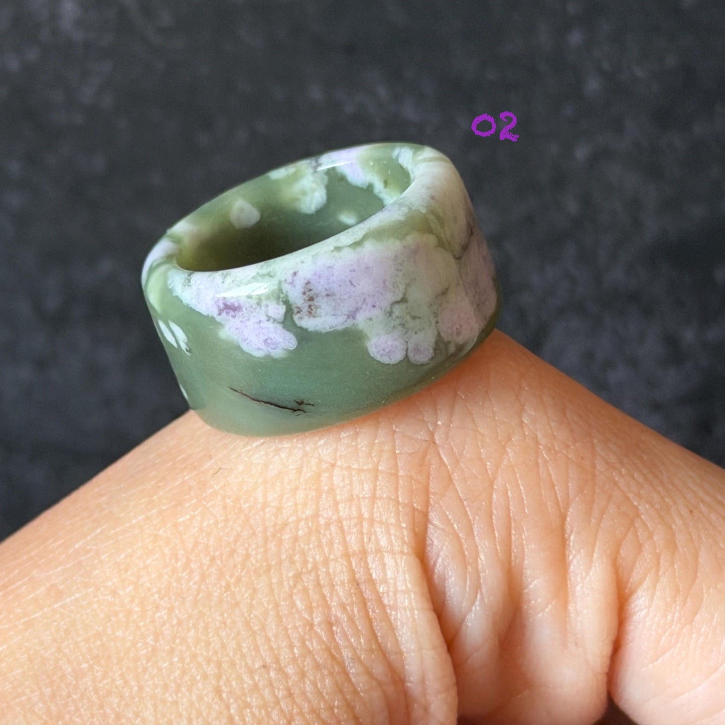 Natural Nephrite Jade Wide Band Ring:Green Jade with White & Purple Flower Pattern Thumb Ring | Wisteria Flowers | US 5.5-5.75 | White Jade Purple Jade flower statement ring for women ring pendant cocktail ring chinese jade ring vintage ring antique ring gift for her stone ring gemstone ring crystal ring