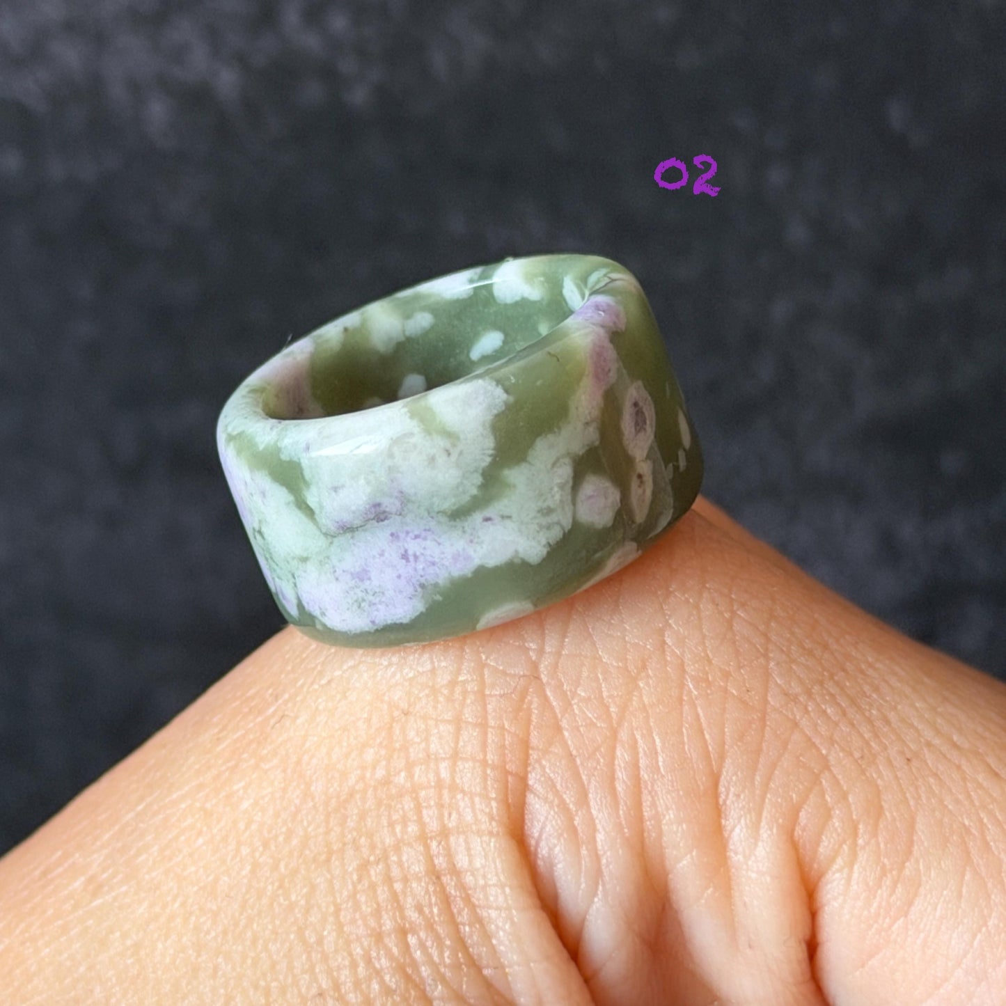 Natural Nephrite Jade Wide Band Ring:Green Jade with White & Purple Flower Pattern Thumb Ring | Wisteria Flowers | US 5.5-5.75 | White Jade Purple Jade flower statement ring for women ring pendant cocktail ring chinese jade ring vintage ring antique ring gift for her stone ring gemstone ring crystal ring