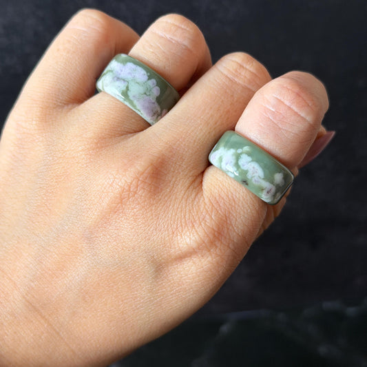 Natural Nephrite Jade Wide Band Ring:Green Jade with White & Purple Flower Pattern Thumb Ring | Wisteria Flowers | US 5.5-5.75 | White Jade Purple Jade flower statement ring for women ring pendant cocktail ring chinese jade ring vintage ring antique ring gift for her stone ring gemstone ring crystal ring