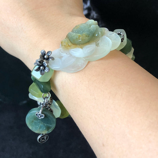 Xiu Jade Serpentine Hand Carved Toad & Coins with Irregular Bead Bracelet: Natural Green and White Jade with Vintage Tibetan Silver Accessory | Crystal Stone Gemstone Gift for her Green Jade Carving White Jade Yellow Jade Jewelry diy bracelet untreated jade carved good luck charm engraved blue toad charm big bead Chunky Bead Bracelet elastic stretch bracelet 3D stone carving personalized bracelet customized bracelet tailor made toad lover gift fortune charm prosperity charm dangle