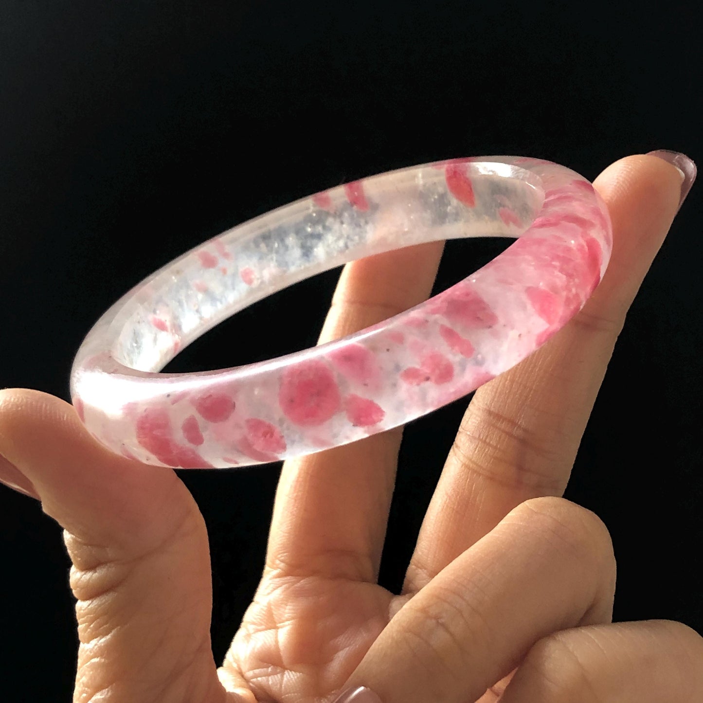 60.4mm Premium Ultra-rare Natural Icy Rhodonite Crystal Stone Gemstone Bangle | Blossom Flowers | Sakura Rain | Plum Blossom | Cherry Blossom icy natural crystal bracelet gemstone bangle pink stone bangle love stone healing stone heart chakra healing crystal mediative stone pink gemstone gift for her mother day gift