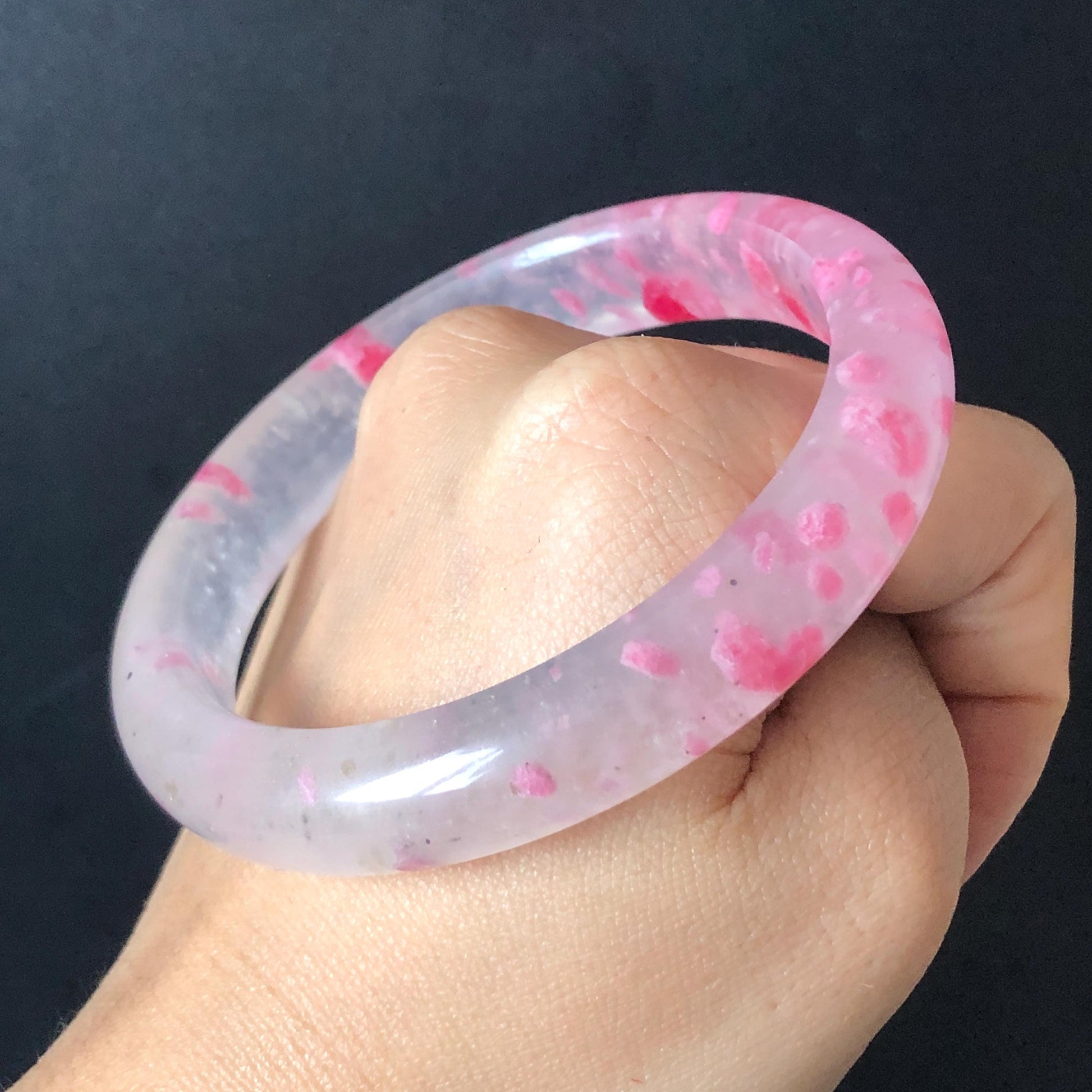 60.4mm Premium Ultra-rare Natural Icy Rhodonite Crystal Stone Gemstone Bangle | Blossom Flowers | Sakura Rain | Plum Blossom | Cherry Blossom icy natural crystal bracelet gemstone bangle pink stone bangle love stone healing stone heart chakra healing crystal mediative stone pink gemstone gift for her mother day gift