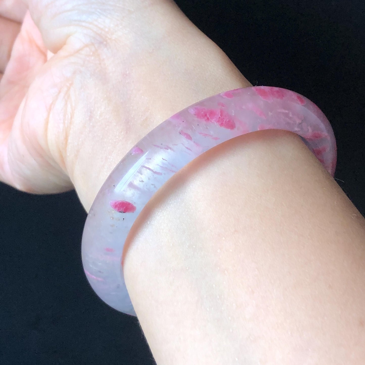 60.4mm Premium Ultra-rare Natural Icy Rhodonite Crystal Stone Gemstone Bangle | Blossom Flowers | Sakura Rain | Plum Blossom | Cherry Blossom icy natural crystal bracelet gemstone bangle pink stone bangle love stone healing stone heart chakra healing crystal mediative stone pink gemstone gift for her mother day gift