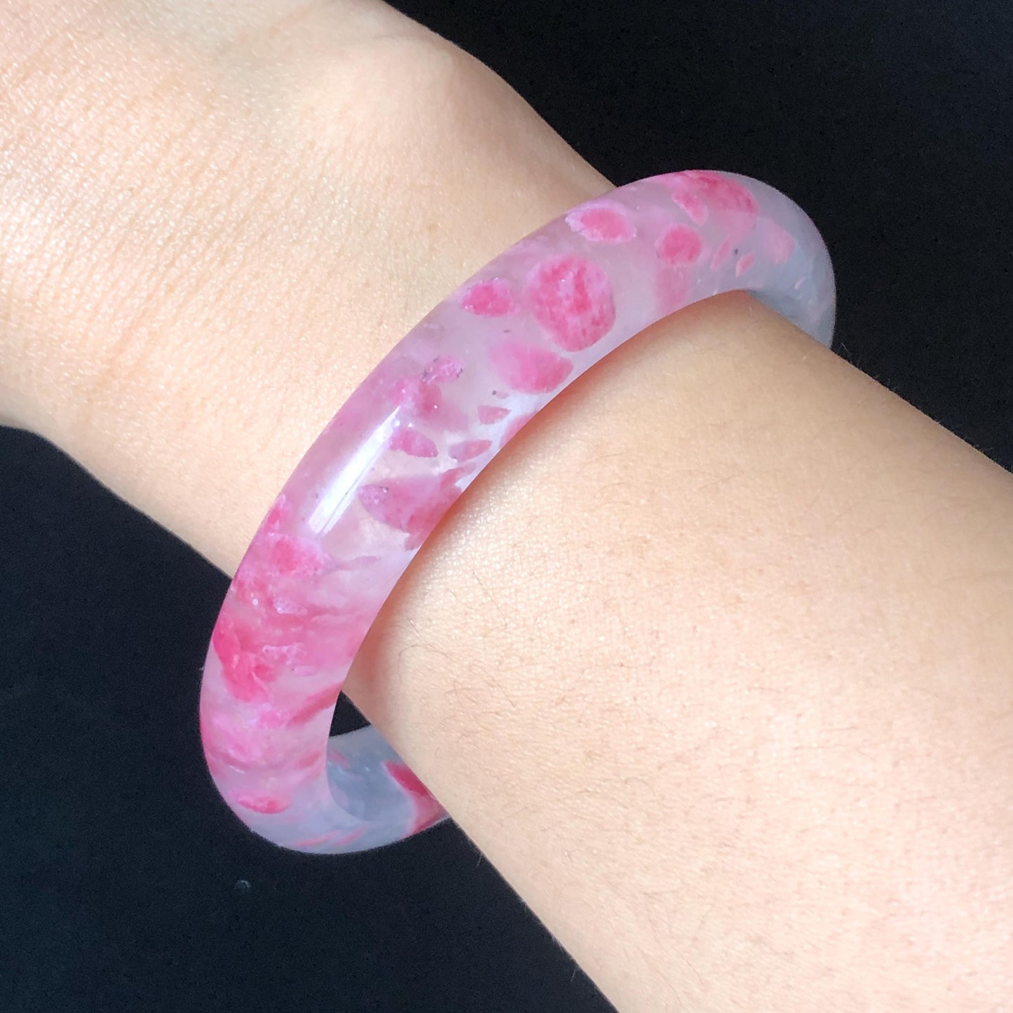 60.4mm Premium Ultra-rare Natural Icy Rhodonite Crystal Stone Gemstone Bangle | Blossom Flowers | Sakura Rain | Plum Blossom | Cherry Blossom icy natural crystal bracelet gemstone bangle pink stone bangle love stone healing stone heart chakra healing crystal mediative stone pink gemstone gift for her mother day gift