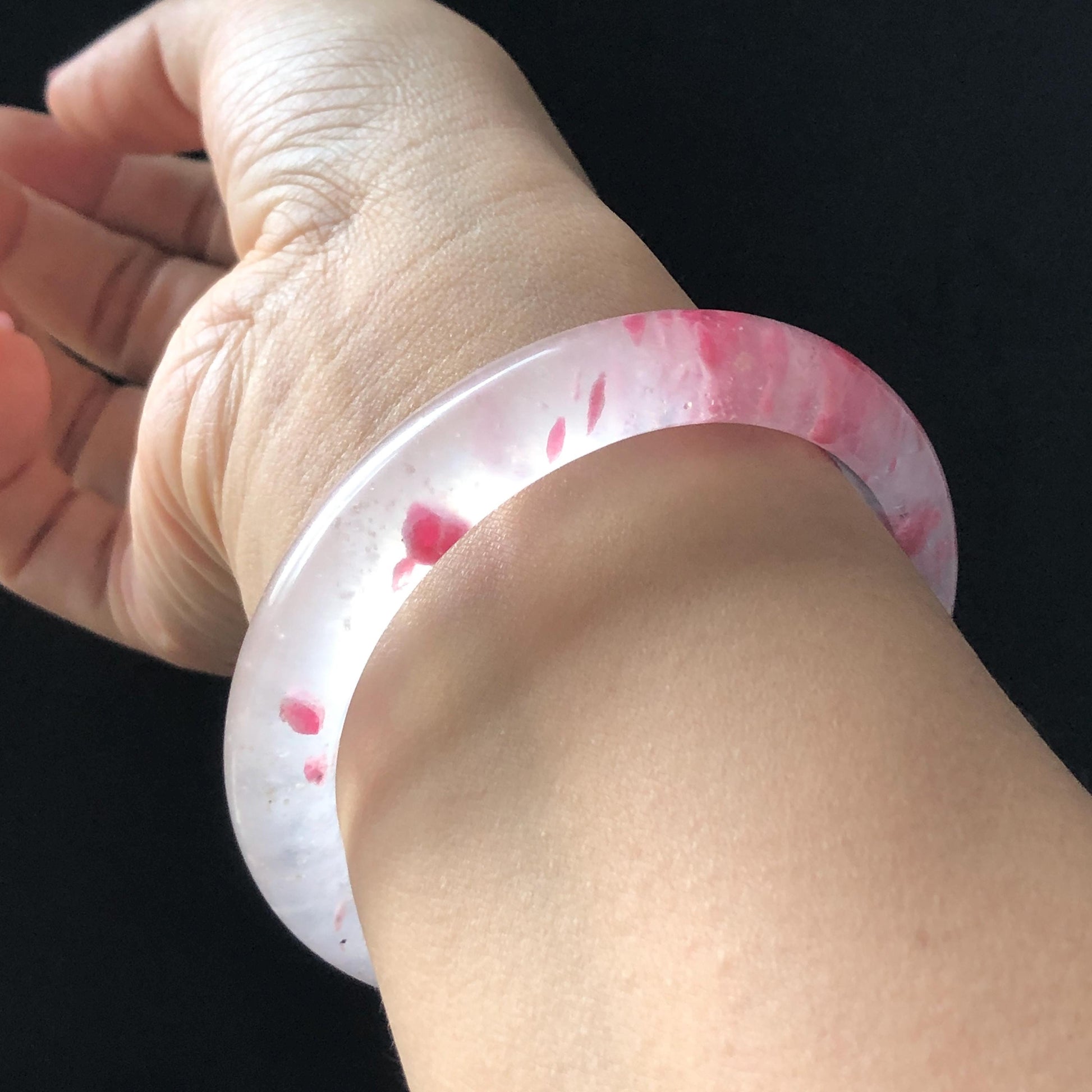60.4mm Premium Ultra-rare Natural Icy Rhodonite Crystal Gemstone Bangle: Cherry Blossom Flowers, Sakura Rain, Plum Blossom, Healing Stone