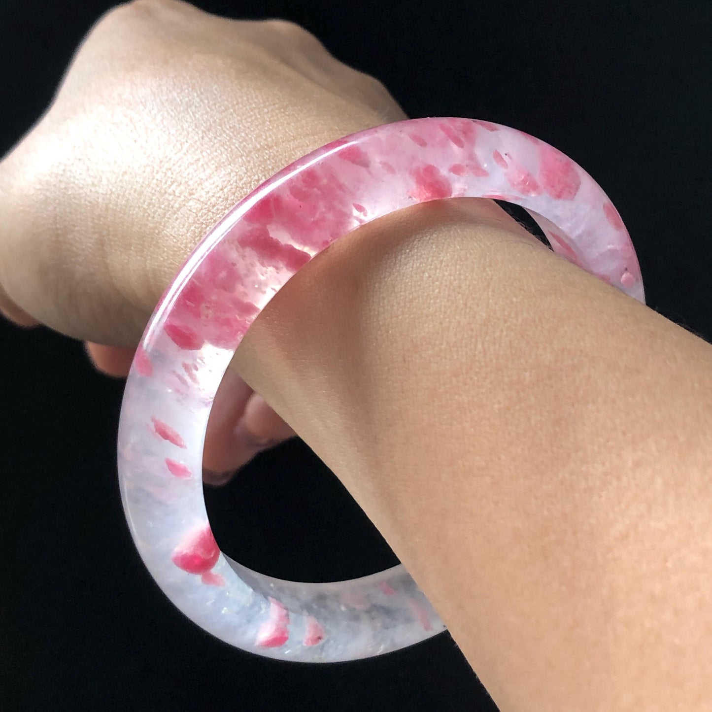 60.4mm Premium Ultra-rare Natural Icy Rhodonite Crystal Gemstone Bangle: Cherry Blossom Flowers, Sakura Rain, Plum Blossom, Healing Stone