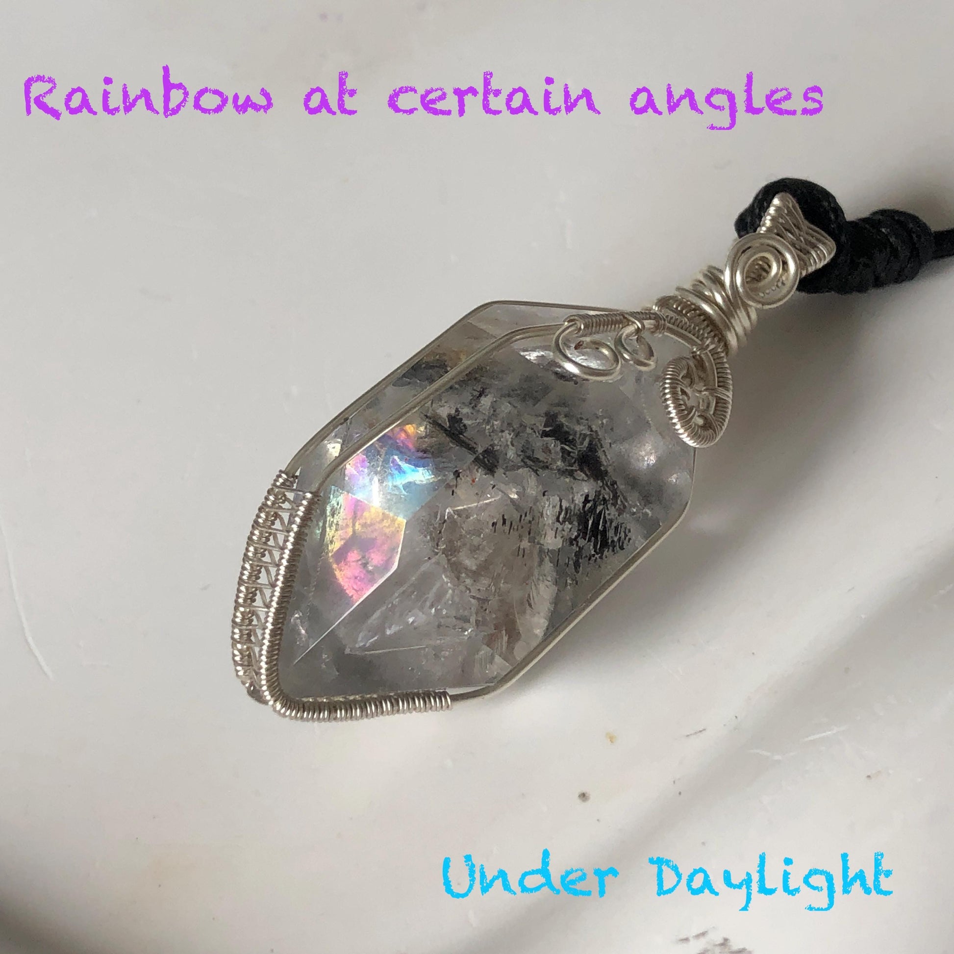 Polished Enhydro Quartz (Herkimer Diamond) Wire Wrapped Pendant Adjustable Necklace:  Rainbow! Moving Sand Inclusion Crystal | Natural Gemstone Birthstone Gift for her enhydro quartz sand water-fall pendant necklace choker gemstone charm stone pendant choker polished stone pendant crystal charm birthstone gift for her men necklace chakra crystal purify stone minerals specimen adjustable choker silver wire wrapped pendant rainbow quartz rainbow quartz sand inclusion crystal charm