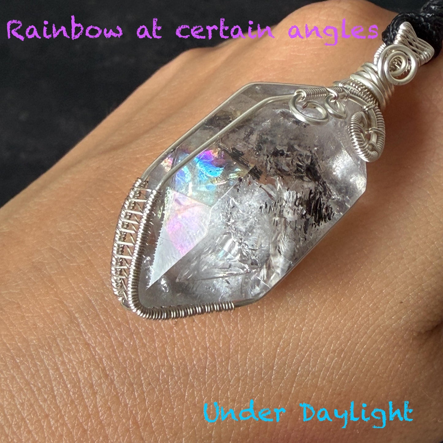 Polished Enhydro Quartz (Herkimer Diamond) Wire Wrapped Pendant Adjustable Necklace:  Rainbow! Moving Sand Inclusion Crystal | Natural Gemstone Birthstone Gift for her enhydro quartz sand water-fall pendant necklace choker gemstone charm stone pendant choker polished stone pendant crystal charm birthstone gift for her men necklace chakra crystal purify stone minerals specimen adjustable choker silver wire wrapped pendant rainbow quartz rainbow quartz sand inclusion crystal charm