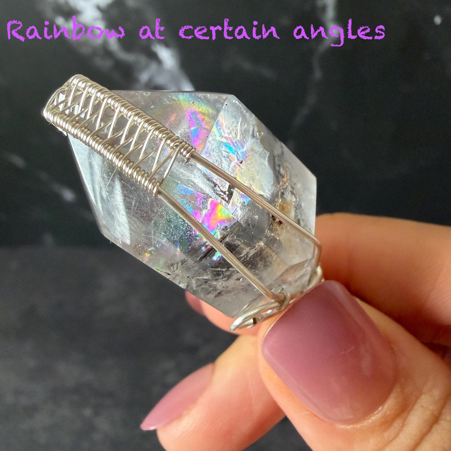 Polished Enhydro Quartz (Herkimer Diamond) Wire Wrapped Pendant Adjustable Necklace:  Rainbow! Moving Sand Inclusion Crystal | Natural Gemstone Birthstone Gift for her enhydro quartz sand water-fall pendant necklace choker gemstone charm stone pendant choker polished stone pendant crystal charm birthstone gift for her men necklace chakra crystal purify stone minerals specimen adjustable choker silver wire wrapped pendant rainbow quartz rainbow quartz sand inclusion crystal charm
