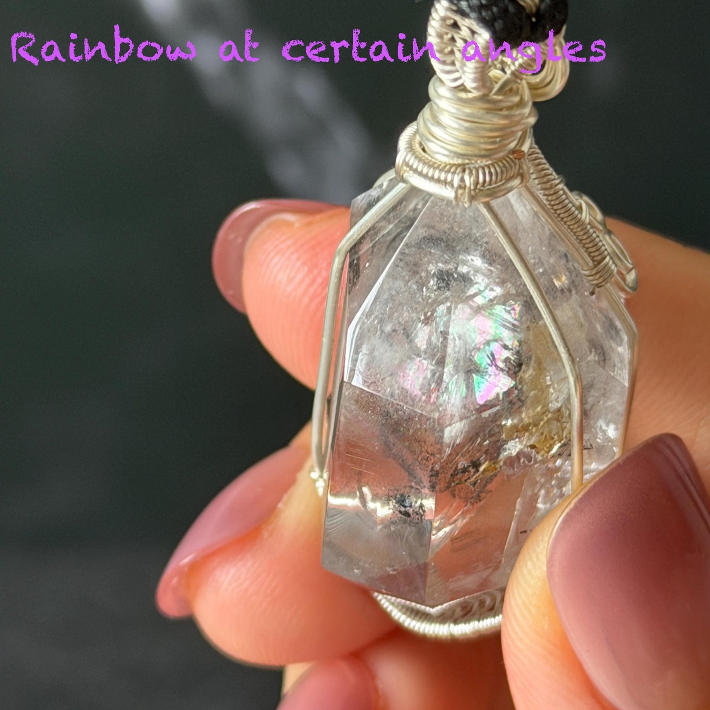 Polished Enhydro Quartz (Herkimer Diamond) Wire Wrapped Pendant Adjustable Necklace:  Rainbow! Moving Sand Inclusion Crystal | Natural Gemstone Birthstone Gift for her enhydro quartz sand water-fall pendant necklace choker gemstone charm stone pendant choker polished stone pendant crystal charm birthstone gift for her men necklace chakra crystal purify stone minerals specimen adjustable choker silver wire wrapped pendant rainbow quartz rainbow quartz sand inclusion crystal charm