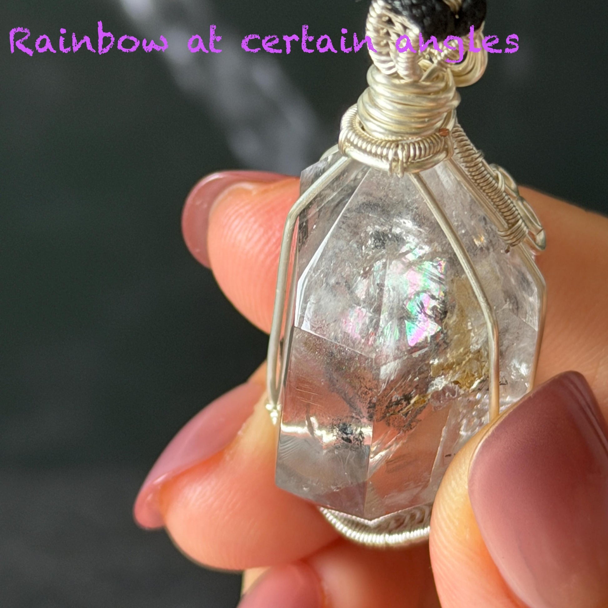 Polished Enhydro Quartz (Herkimer Diamond) Wire Wrapped Pendant Adjustable Necklace:  Rainbow! Moving Sand Inclusion Crystal | Natural Gemstone Birthstone Gift for her enhydro quartz sand water-fall pendant necklace choker gemstone charm stone pendant choker polished stone pendant crystal charm birthstone gift for her men necklace chakra crystal purify stone minerals specimen adjustable choker silver wire wrapped pendant rainbow quartz rainbow quartz sand inclusion crystal charm